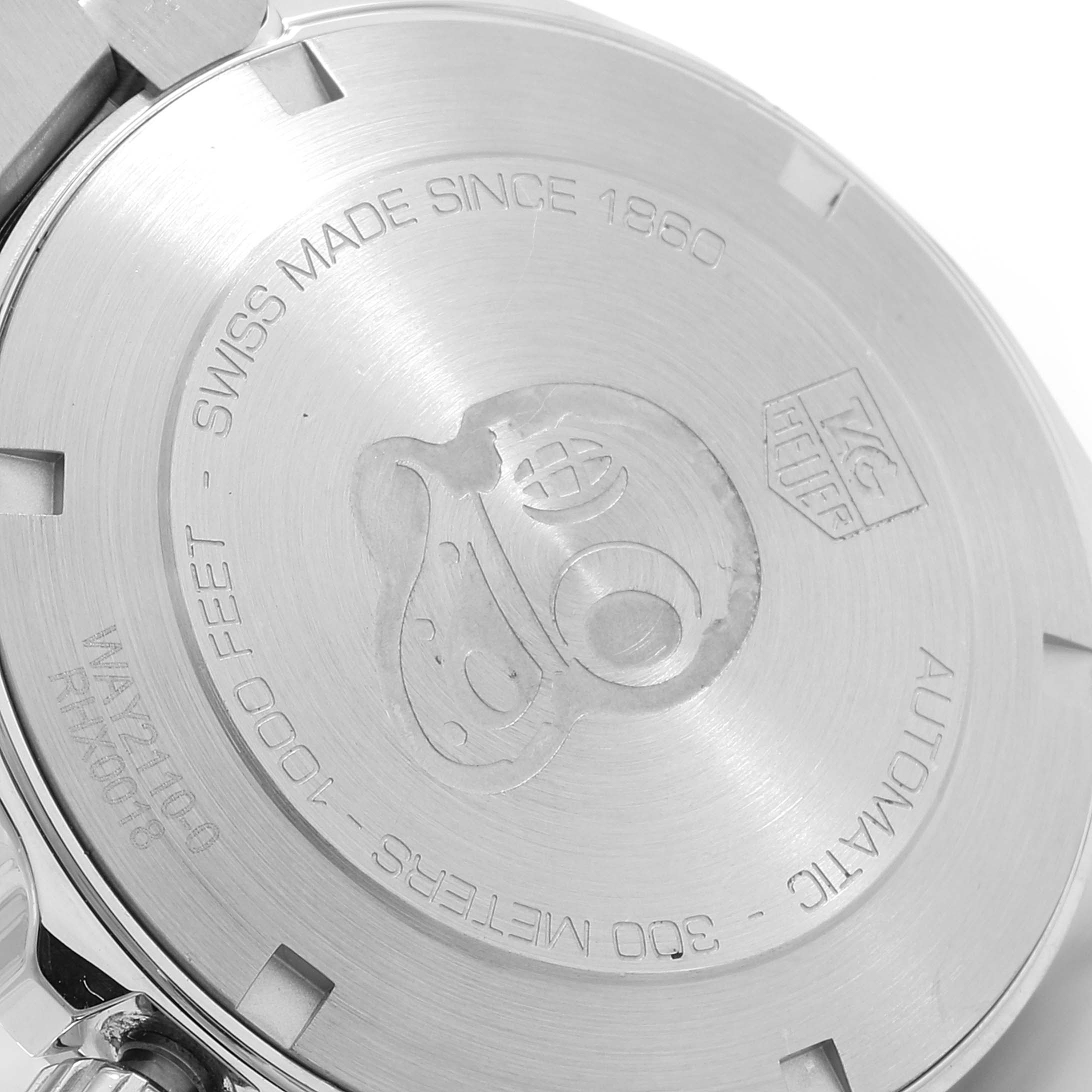 The image shows the back case of a Tag Heuer Aquaracer WAY2110.BA0928 Men's Stainless Steel Black Dial WAY2110.BA0928 Men's Stainless Steel Black Dial watch, highlighting the engravings and water resistance information.