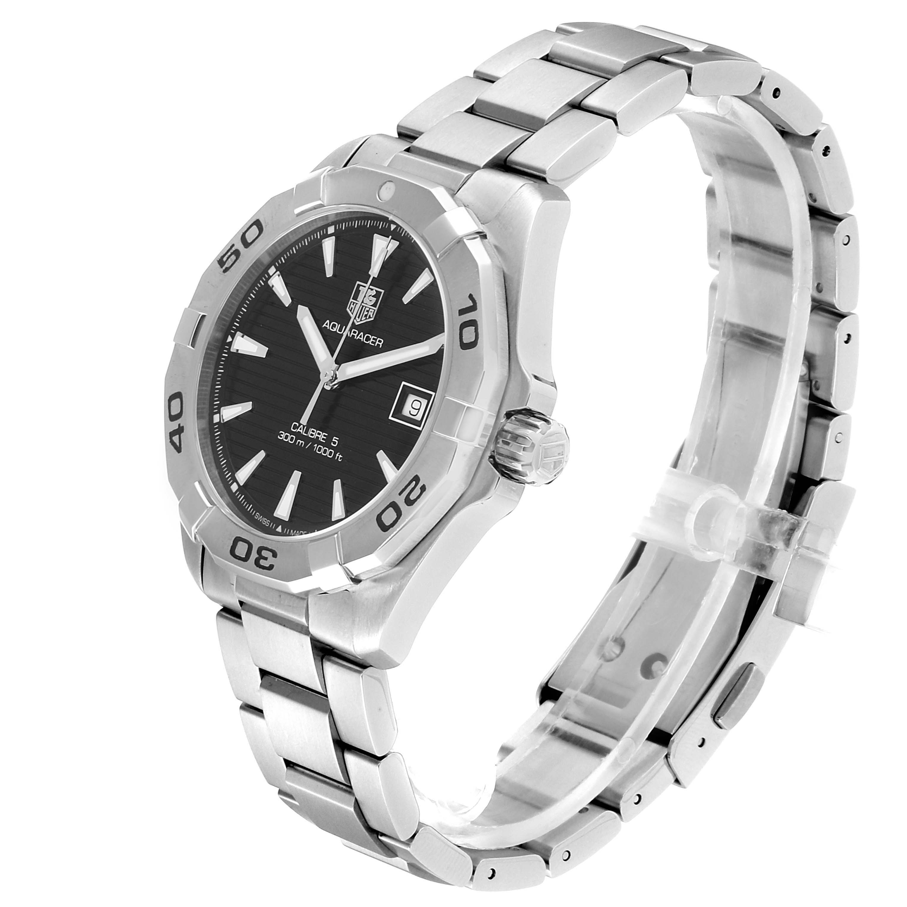 The Tag Heuer Aquaracer WAY2110.BA0928 Men's Stainless Steel Black Dial WAY2110.BA0928 Men's Stainless Steel Black Dial watch is shown at a three-quarter angle, highlighting the face, bezel, crown, and bracelet.