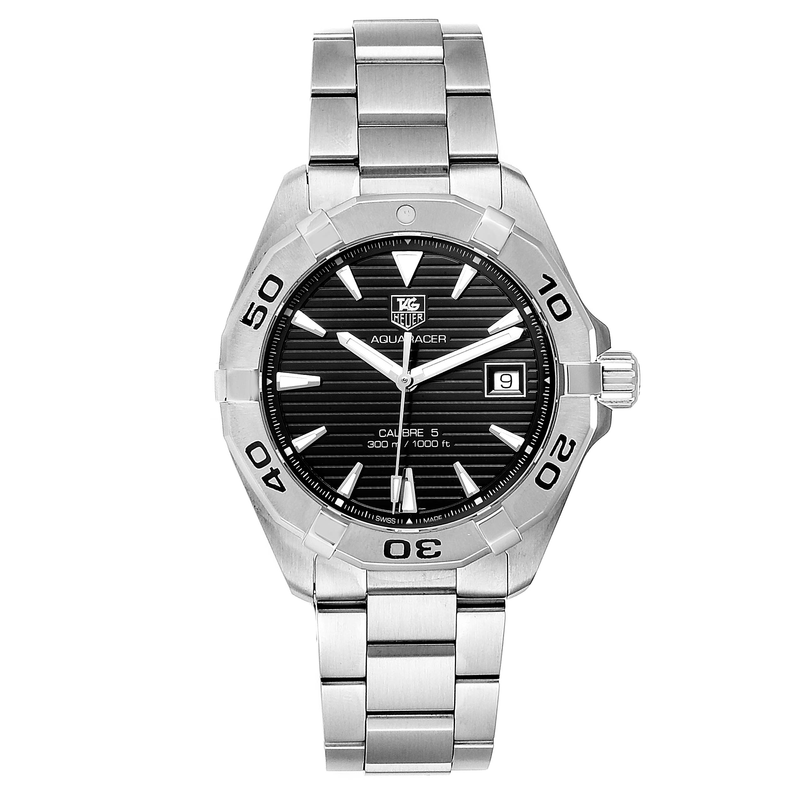 This Tag Heuer Aquaracer WAY2110.BA0928 Men's Stainless Steel Black Dial WAY2110.BA0928 Men's Stainless Steel Black Dial watch is shown from a front view, displaying its face, bezel, and metal bracelet.