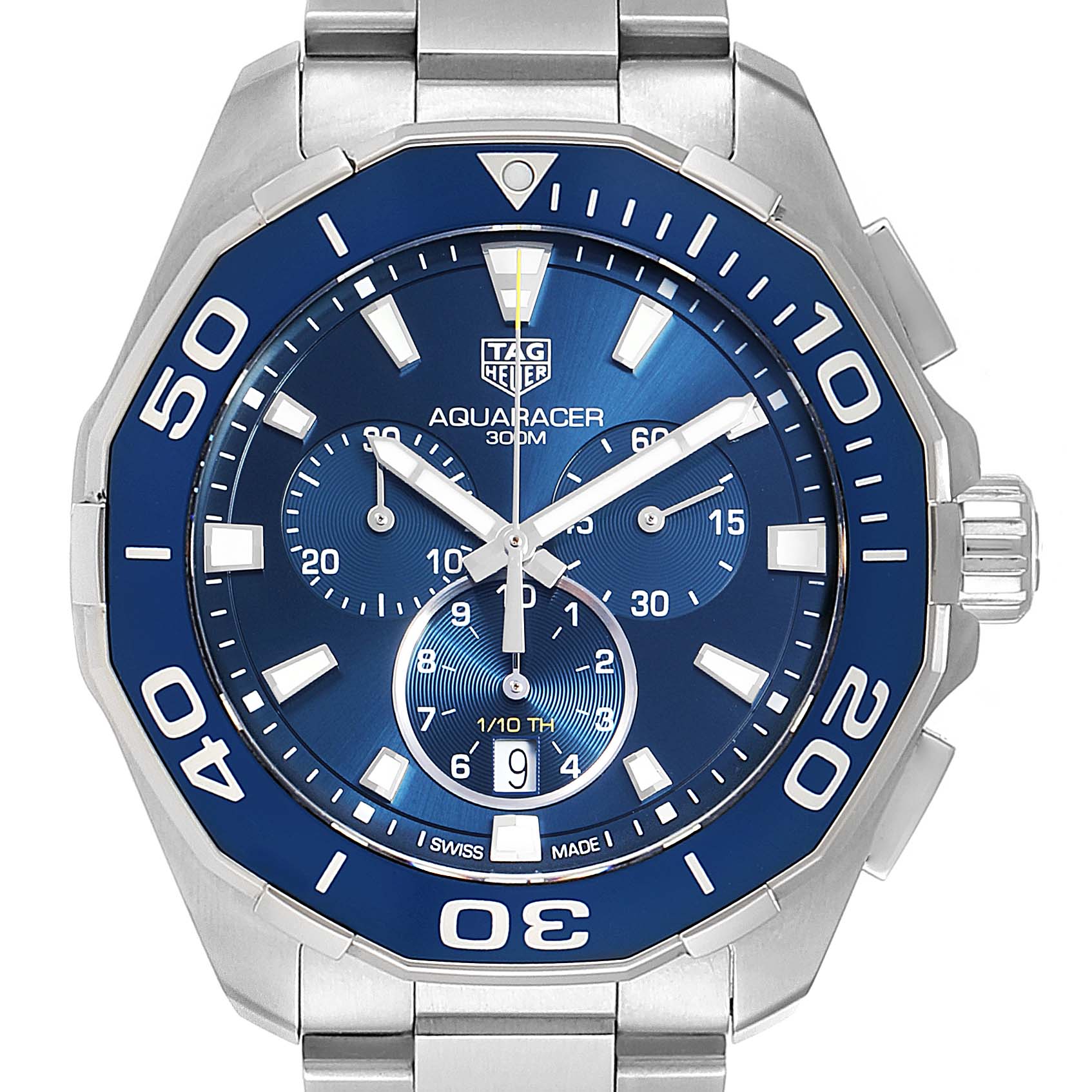 The image shows a frontal view of the Tag Heuer Aquaracer CAY111B.BA0927 Men
s Stainless Steel Blue Dial CAY111B.BA0927 Men
s Stainless Steel Blue Dial watch, highlighting its blue dial, bezel, and stainless steel bracelet.
