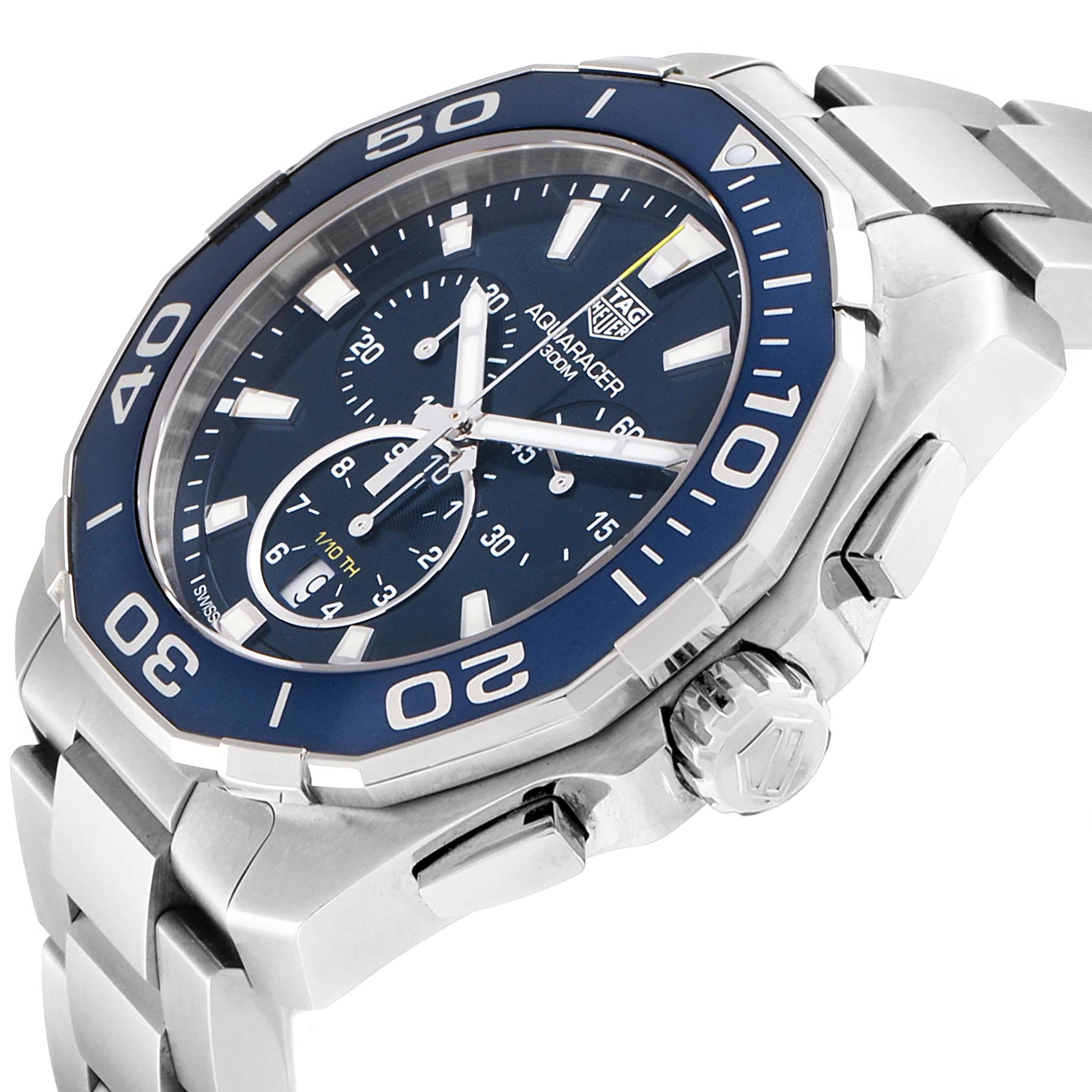 This image shows a side angle of the Tag Heuer Aquaracer CAY111B.BA0927 Men
s Stainless Steel Blue Dial CAY111B.BA0927 Men
s Stainless Steel Blue Dial watch, highlighting its blue bezel, dial, crown, and part of the bracelet.
