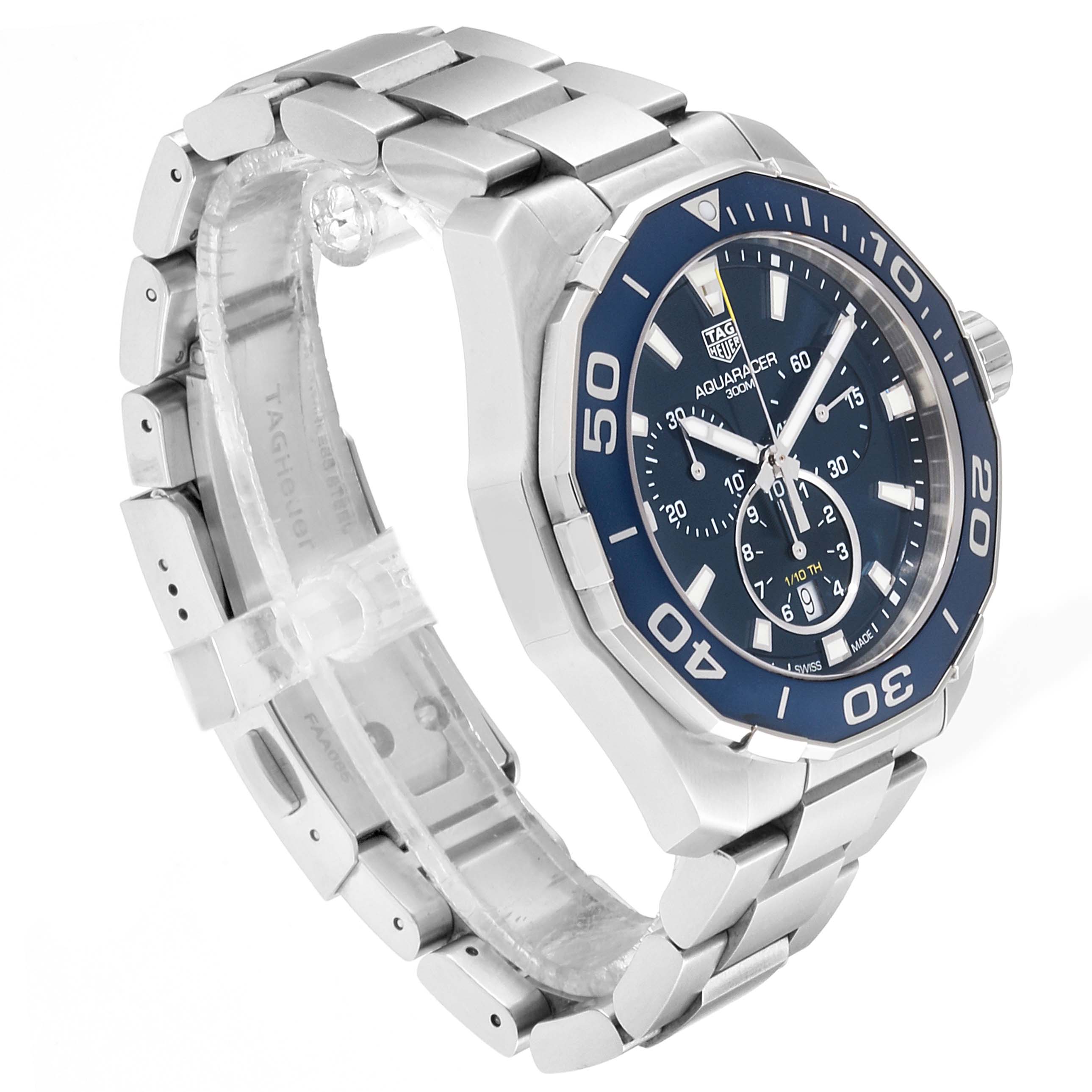 The image shows an angled view of the Tag Heuer Aquaracer CAY111B.BA0927 Men
s Stainless Steel Blue Dial CAY111B.BA0927 Men
s Stainless Steel Blue Dial watch, highlighting the bracelet, bezel, and face.