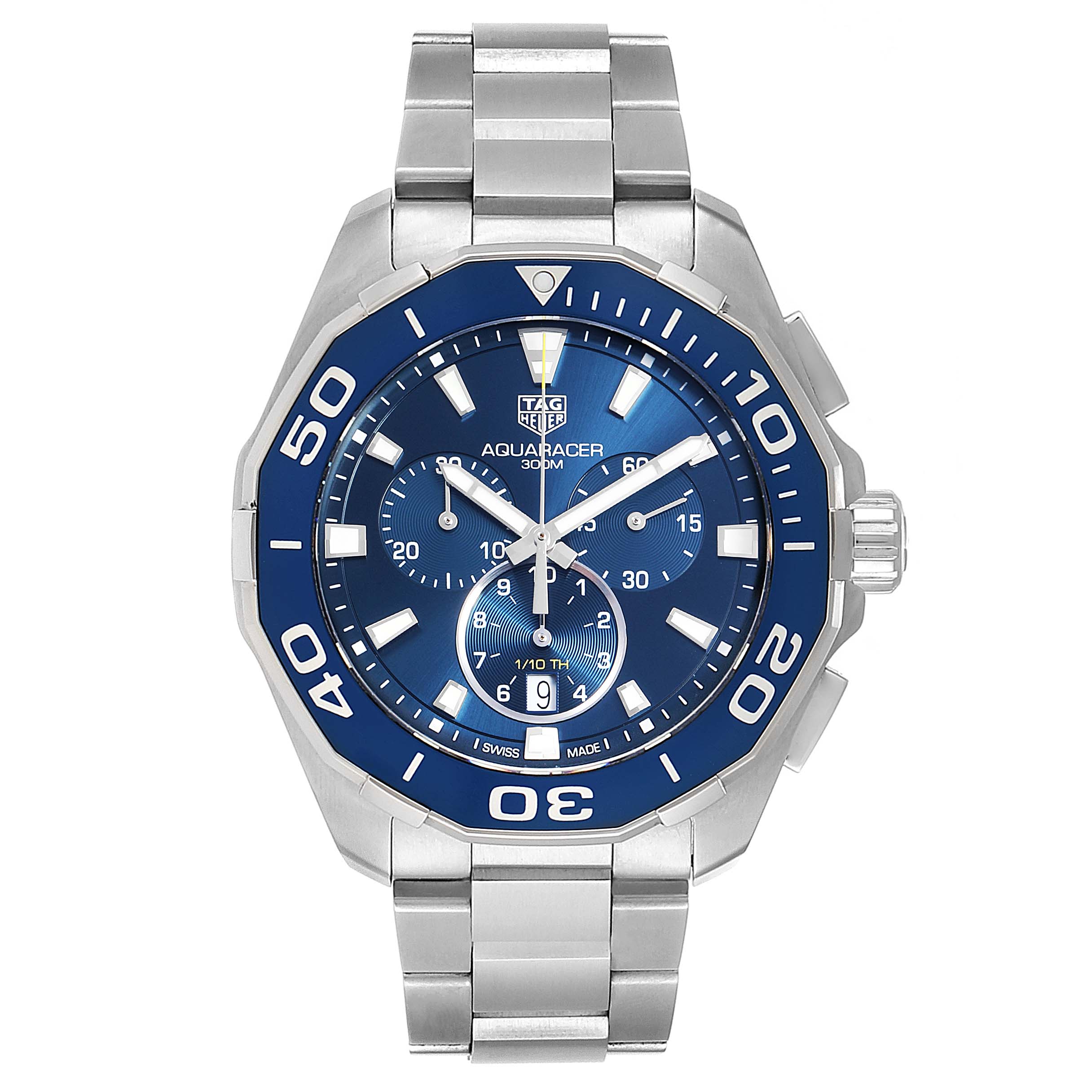 The Tag Heuer Aquaracer CAY111B.BA0927 Men
s Stainless Steel Blue Dial CAY111B.BA0927 Men
s Stainless Steel Blue Dial watch shown is at a front angle, displaying the face, bezel, crown, and stainless steel bracelet.
