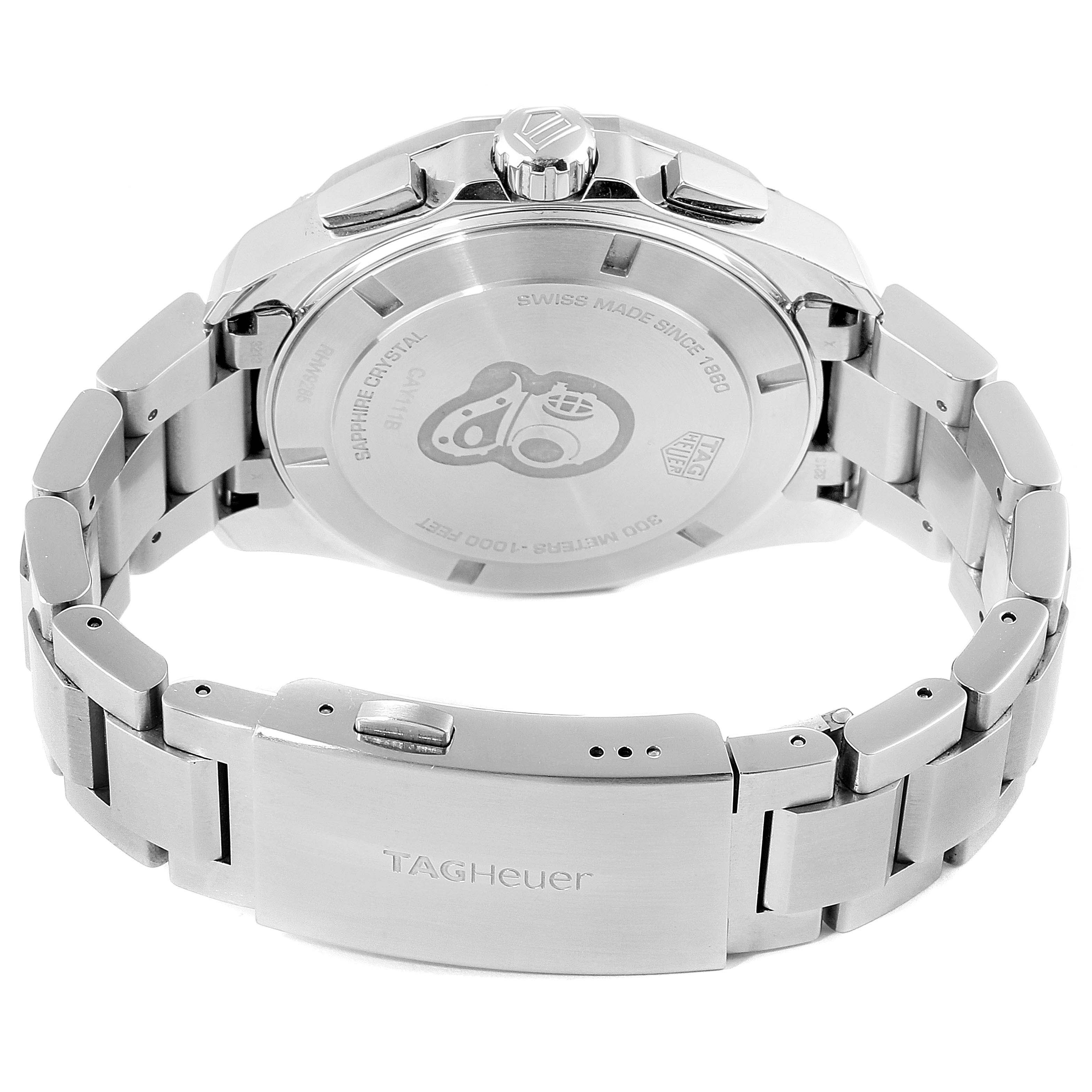 The image shows the back and clasp of a Tag Heuer Aquaracer CAY111B.BA0927 Men
s Stainless Steel Blue Dial CAY111B.BA0927 Men
s Stainless Steel Blue Dial watch, highlighting its metal bracelet and case back.