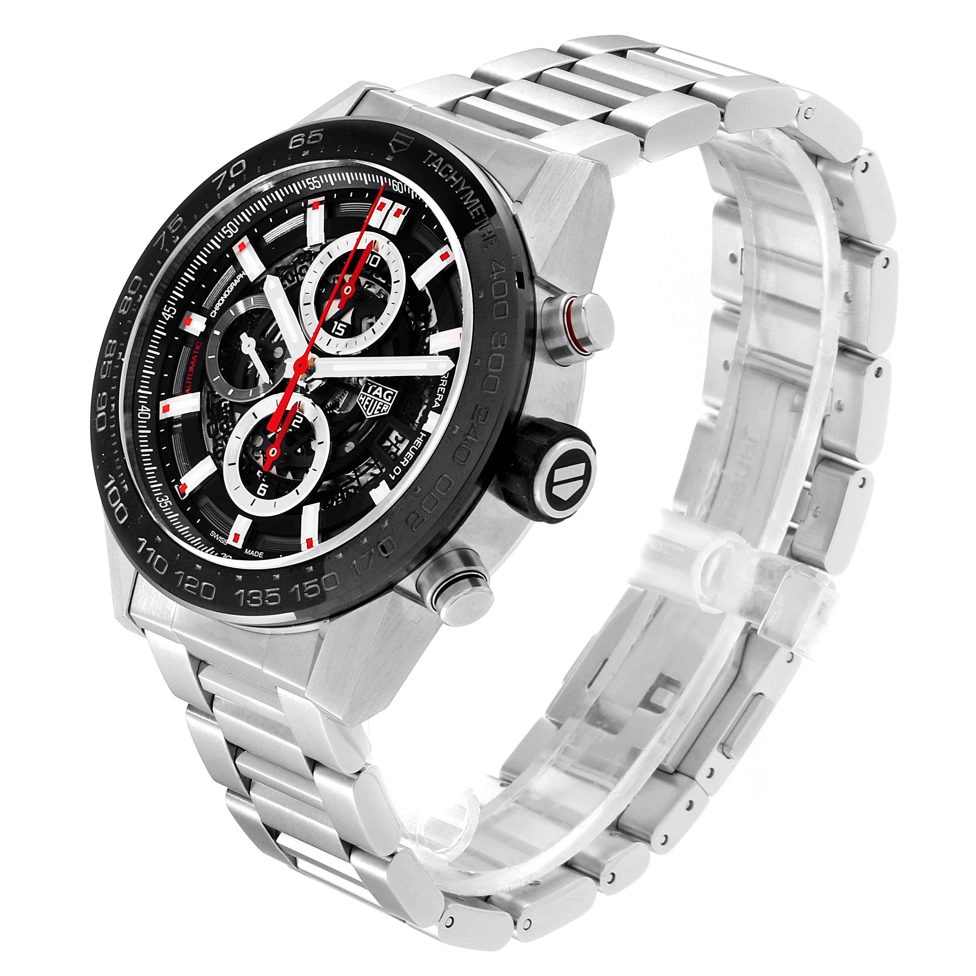 This image shows a Tag Heuer Carrera CAR2A1W.BA0703 Men's Stainless Steel Transparent Dial CAR2A1W.BA0703 Men's Stainless Steel Transparent Dial watch from a front right angle, highlighting its dial and stainless steel bracelet.