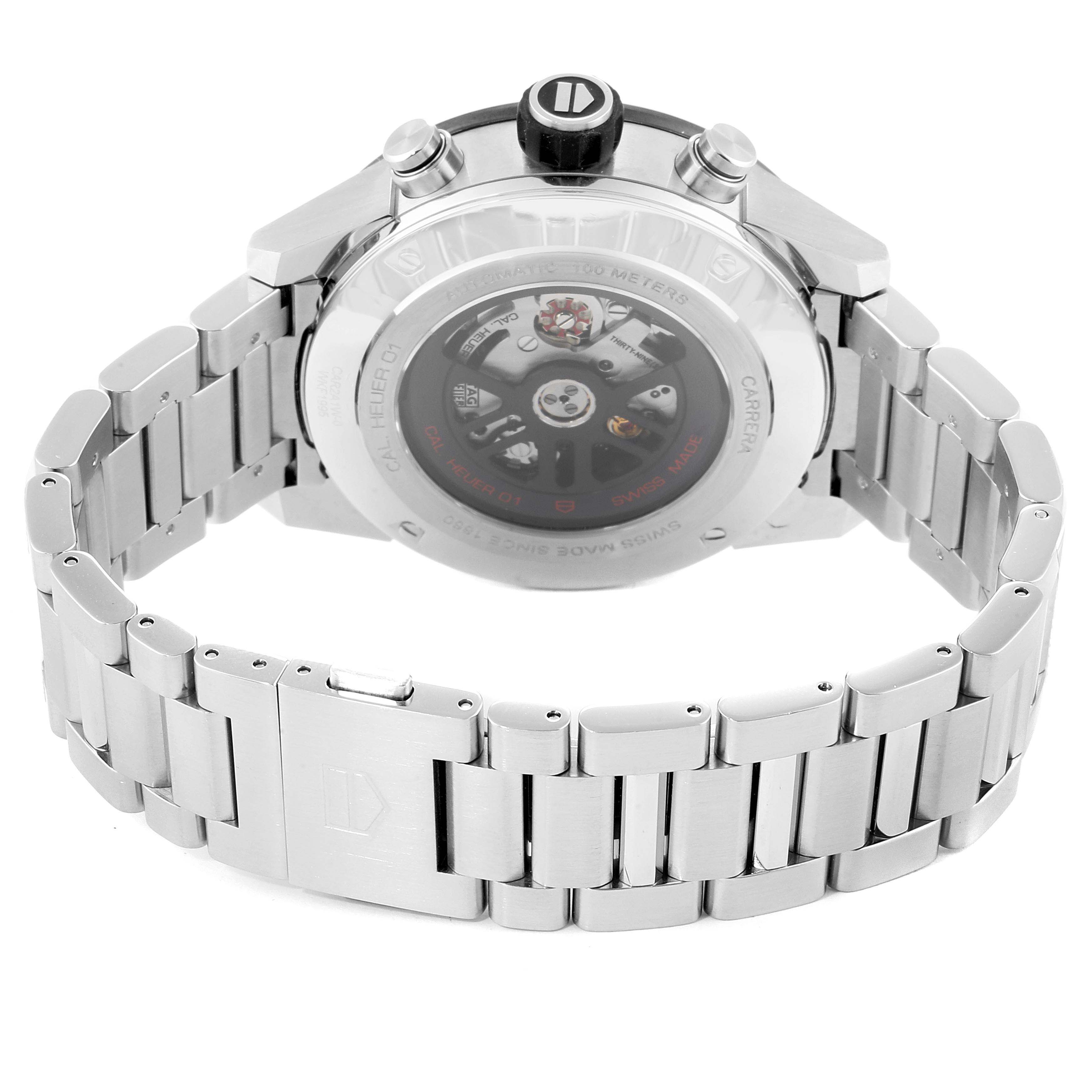 The image shows the back view of a Tag Heuer Carrera CAR2A1W.BA0703 Men's Stainless Steel Transparent Dial CAR2A1W.BA0703 Men's Stainless Steel Transparent Dial watch, highlighting its case back and metal bracelet.