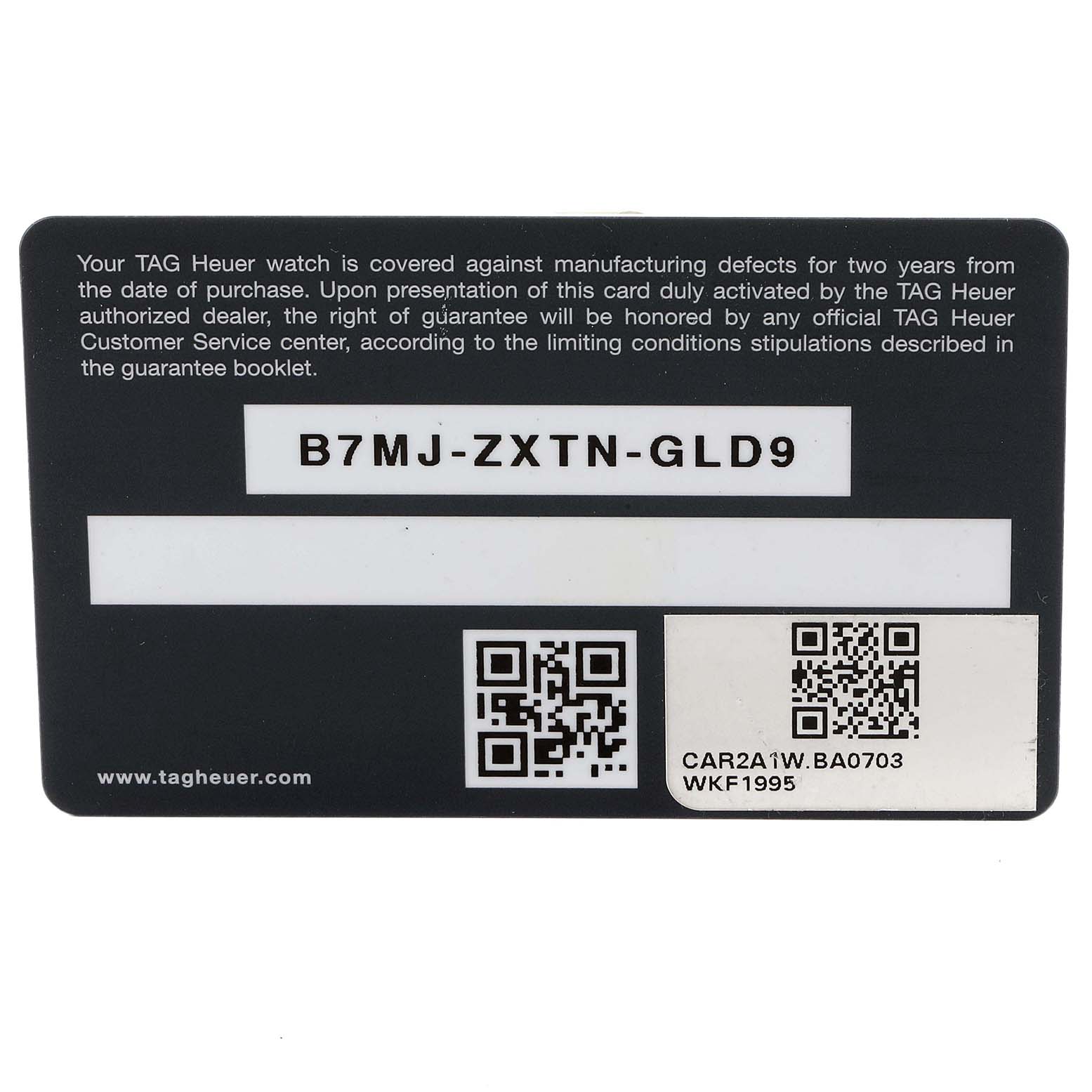 This image shows the warranty card for a Tag Heuer Carrera CAR2A1W.BA0703 Men's Stainless Steel Transparent Dial CAR2A1W.BA0703 Men's Stainless Steel Transparent Dial model watch, displaying the serial number and other details.