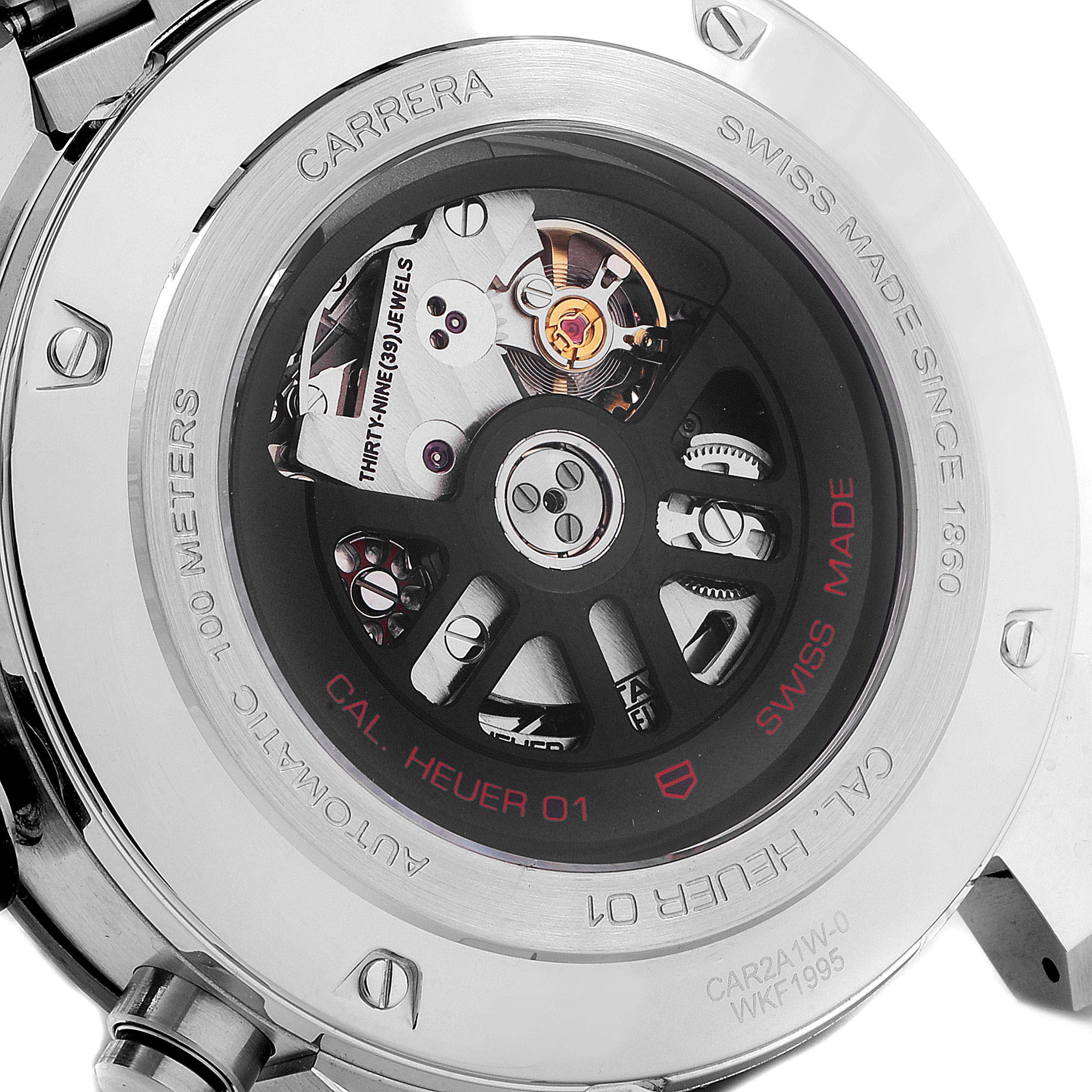 This image shows the back case of the Tag Heuer Carrera CAR2A1W.BA0703 Men's Stainless Steel Transparent Dial CAR2A1W.BA0703 Men's Stainless Steel Transparent Dial watch, displaying the automatic movement and inscriptions.
