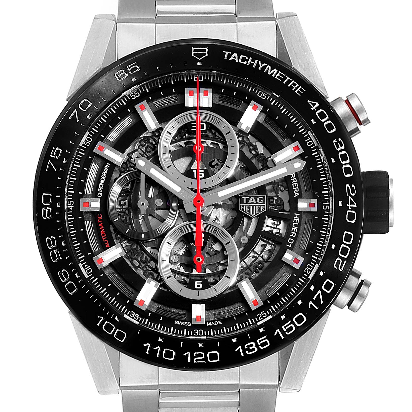 This image shows the face of a Tag Heuer Carrera CAR2A1W.BA0703 Men's Stainless Steel Transparent Dial CAR2A1W.BA0703 Men's Stainless Steel Transparent Dial watch, highlighting its chronograph dials and tachymeter bezel.