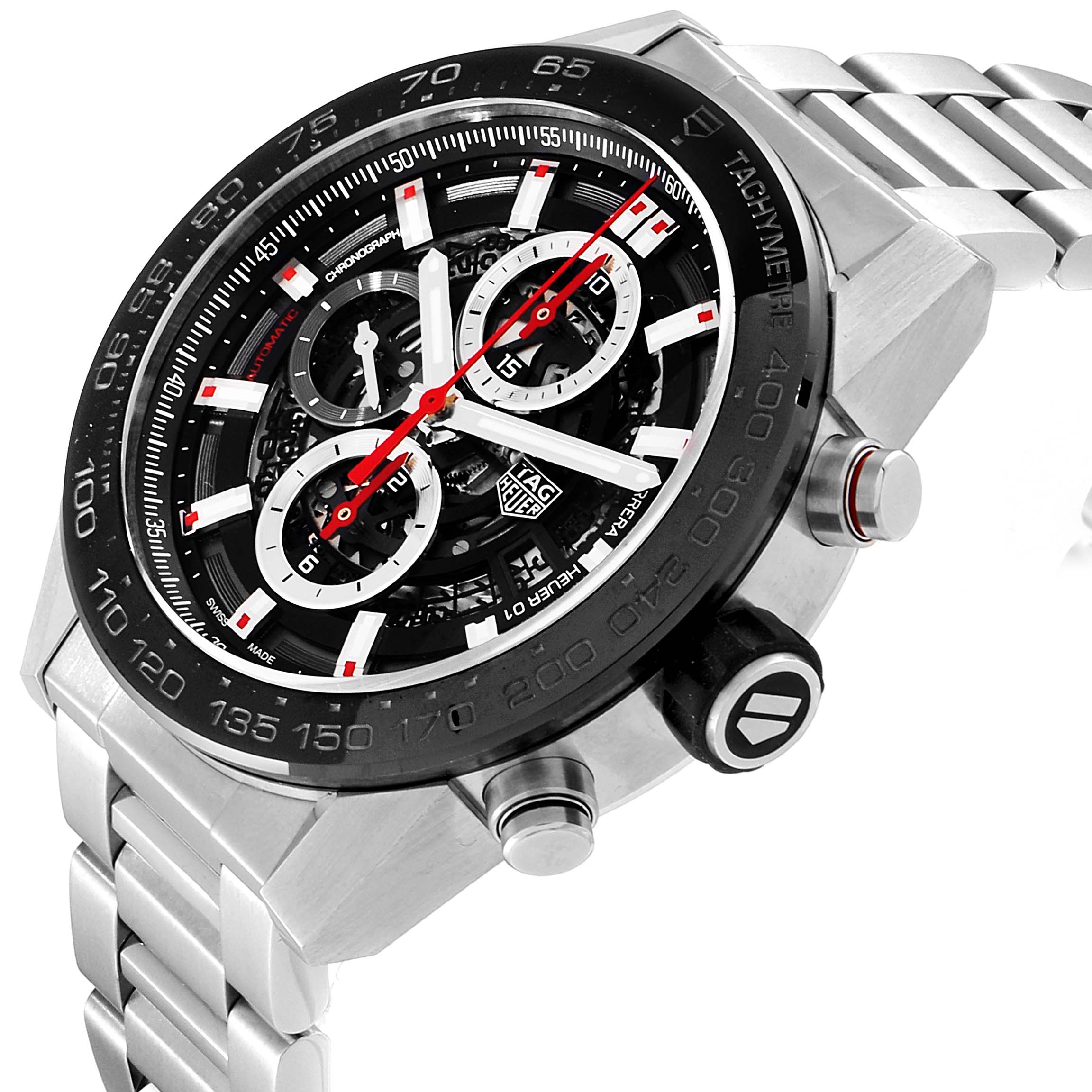 The image shows a side and front angle of the Tag Heuer Carrera CAR2A1W.BA0703 Men's Stainless Steel Transparent Dial CAR2A1W.BA0703 Men's Stainless Steel Transparent Dial watch, highlighting its dial, chronograph buttons, and metal bracelet.