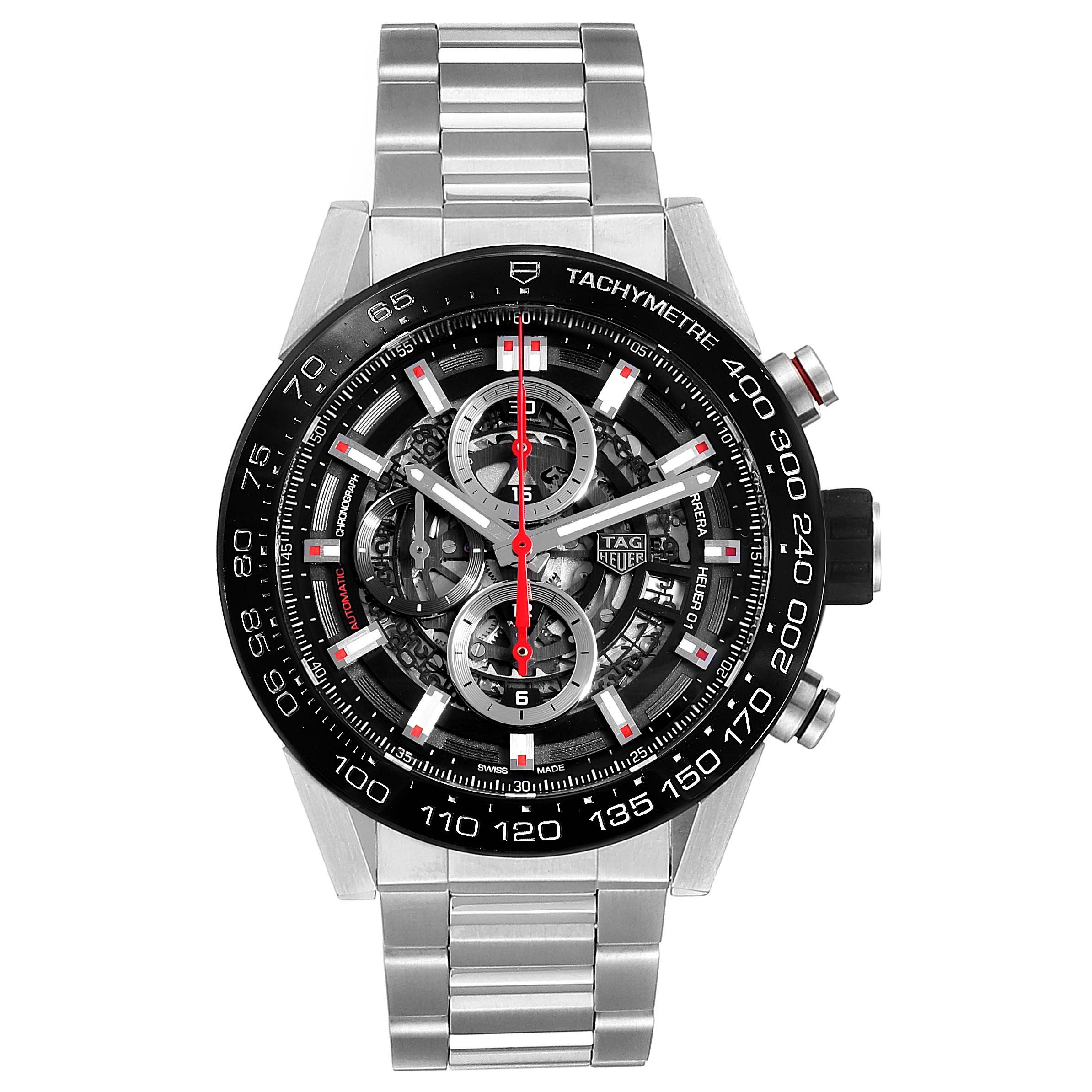 The image shows a front view of a Tag Heuer Carrera CAR2A1W.BA0703 Men's Stainless Steel Transparent Dial CAR2A1W.BA0703 Men's Stainless Steel Transparent Dial watch, displaying its dial, bezel with tachymeter, and metal bracelet.