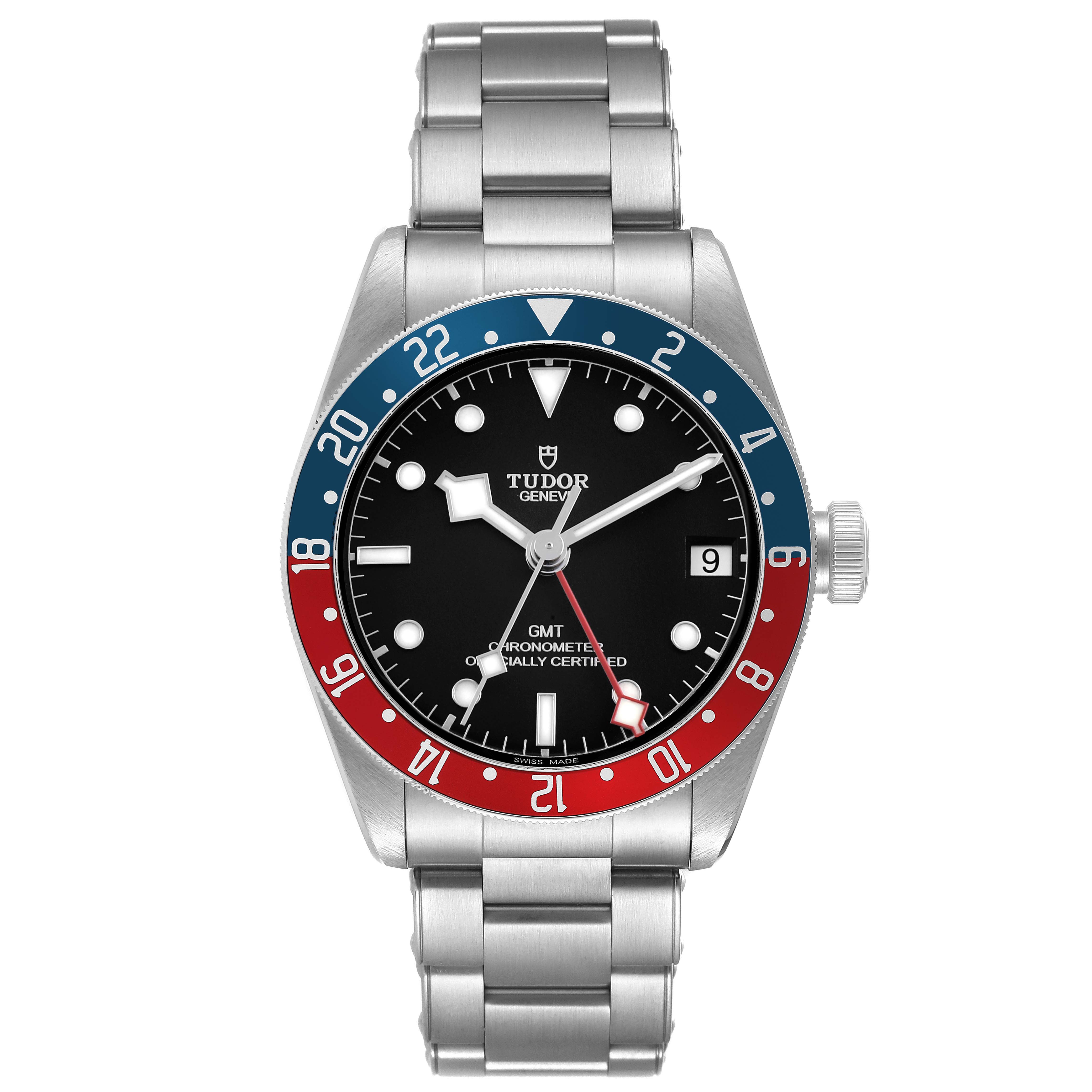 The Tudor Heritage Black Bay 79830RB Men's Stainless Steel Black Dial watch is shown from the front, displaying the face, bezel, and bracelet clearly.