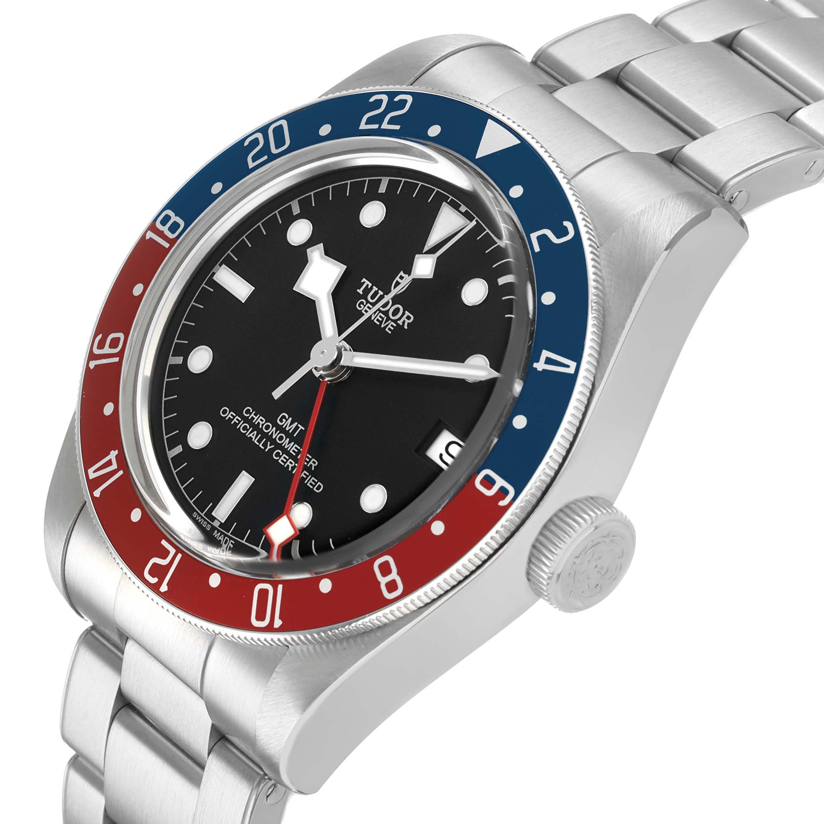 The Tudor Heritage Black Bay 79830RB Men's Stainless Steel Black Dial watch is shown at a side angle, featuring the bezel, crown, and part of the bracelet.