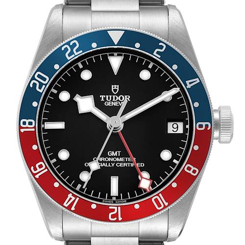 The Tudor Heritage Black Bay 79830RB Men's Stainless Steel Black Dial watch is shown from the front, highlighting the dial, bezel, and bracelet.