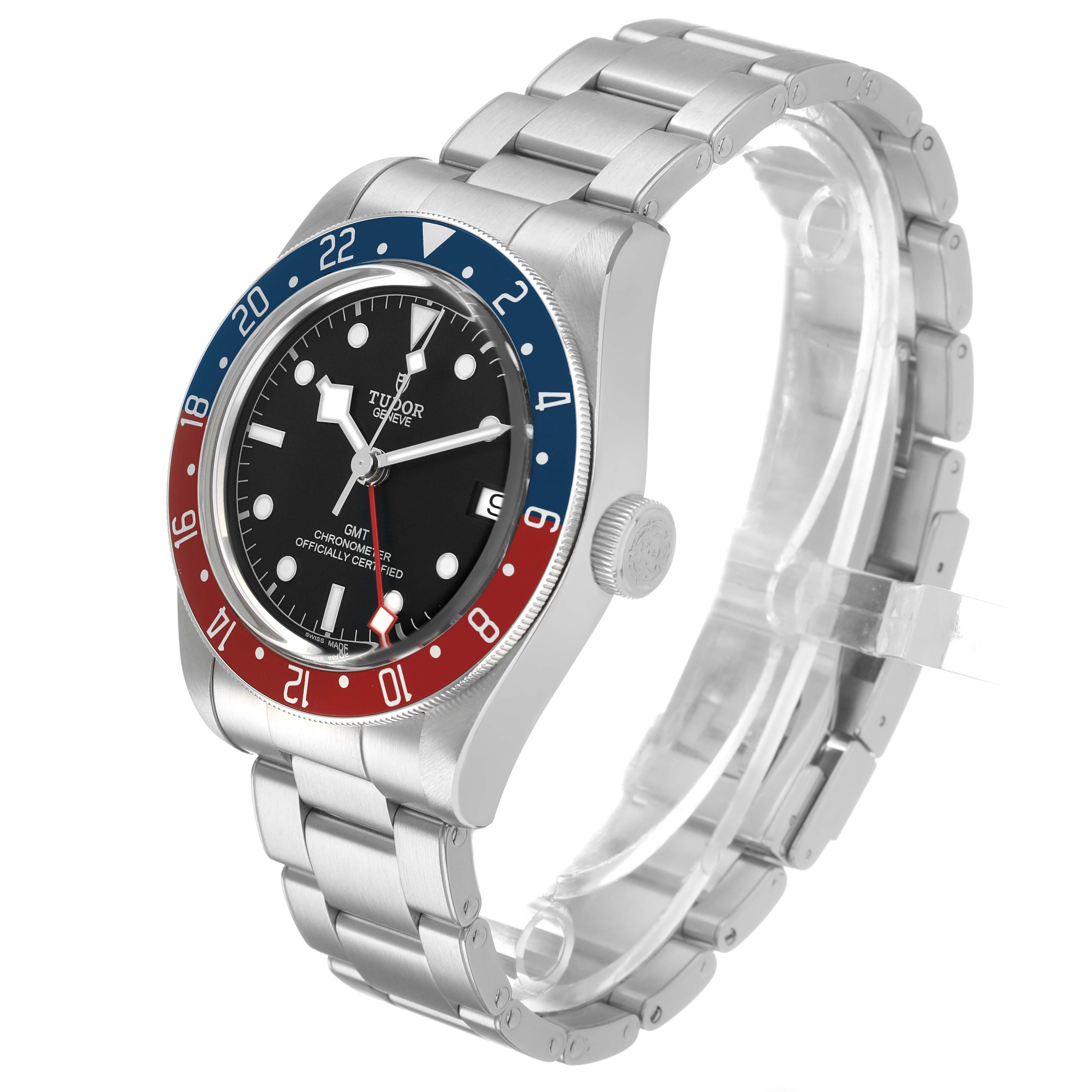 The image shows a Tudor Heritage Black Bay 79830RB Men's Stainless Steel Black Dial watch at an angled side view displaying the case, dial, bezel, and bracelet.