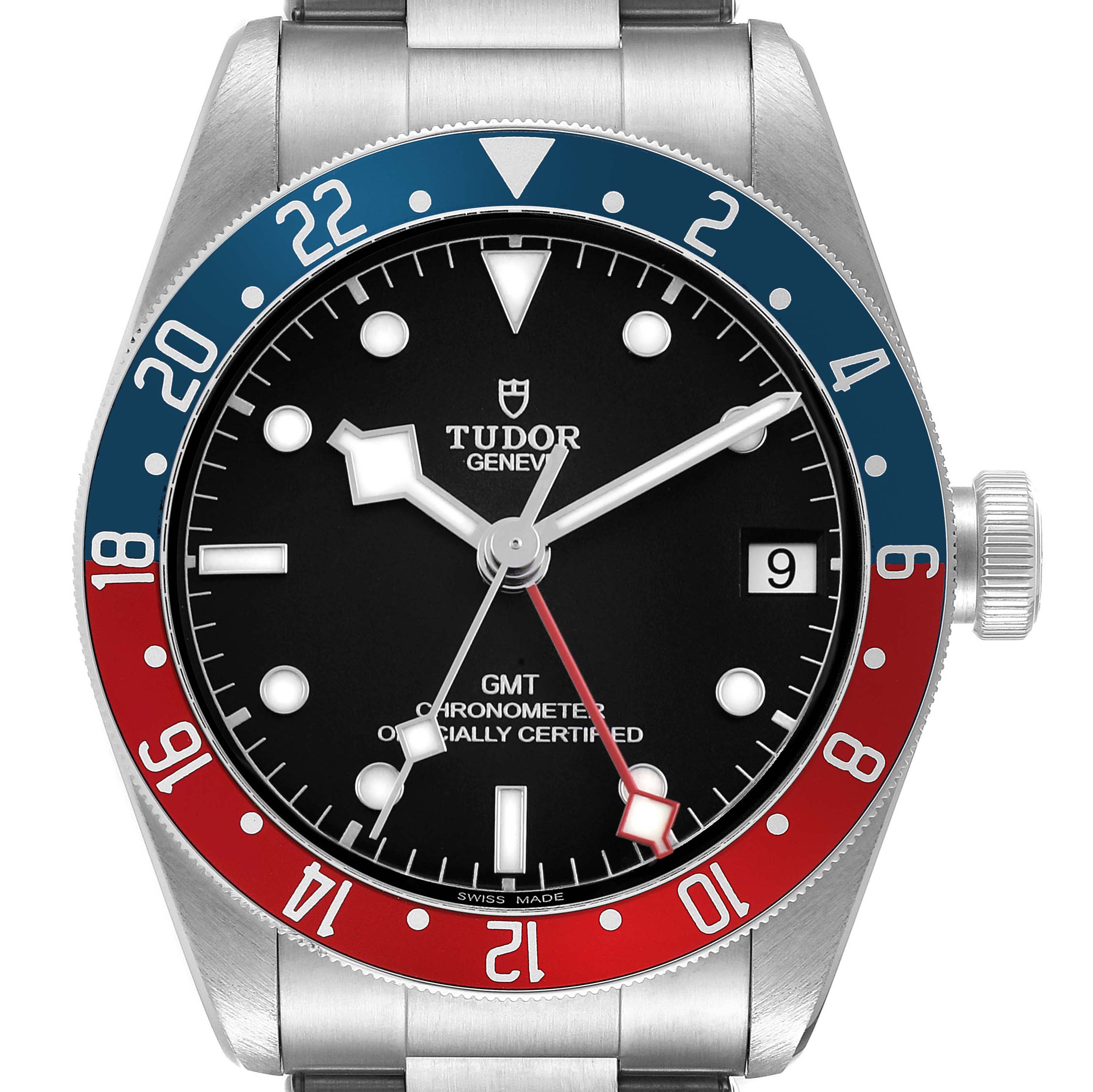 The Tudor Heritage Black Bay 79830RB Men's Stainless Steel Black Dial watch is shown from the front, highlighting the bezel, dial, hands, and part of the bracelet.
