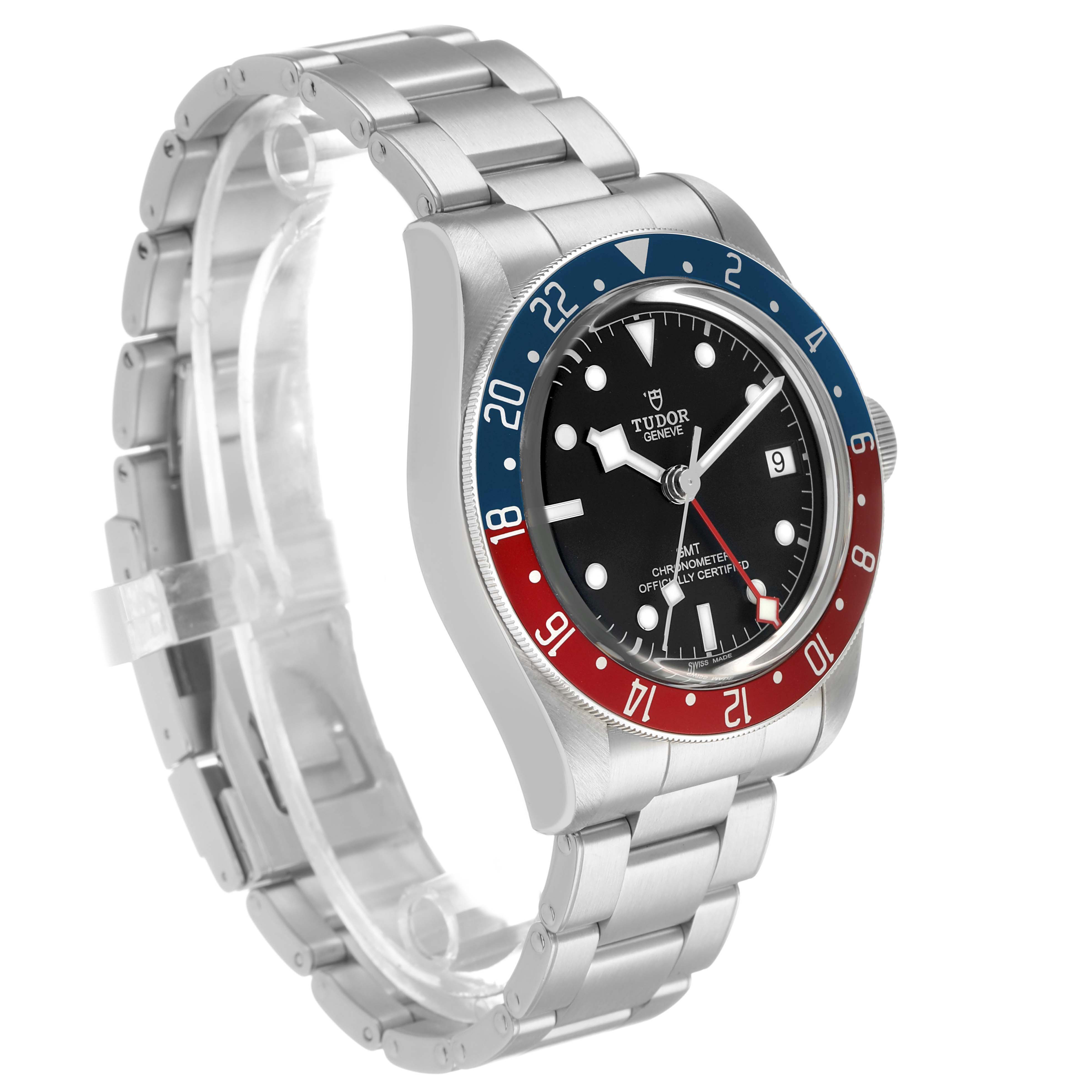 The Tudor Heritage Black Bay 79830RB Men's Stainless Steel Black Dial watch is tilted to display its face, bezel, and bracelet from a three-quarter angle.