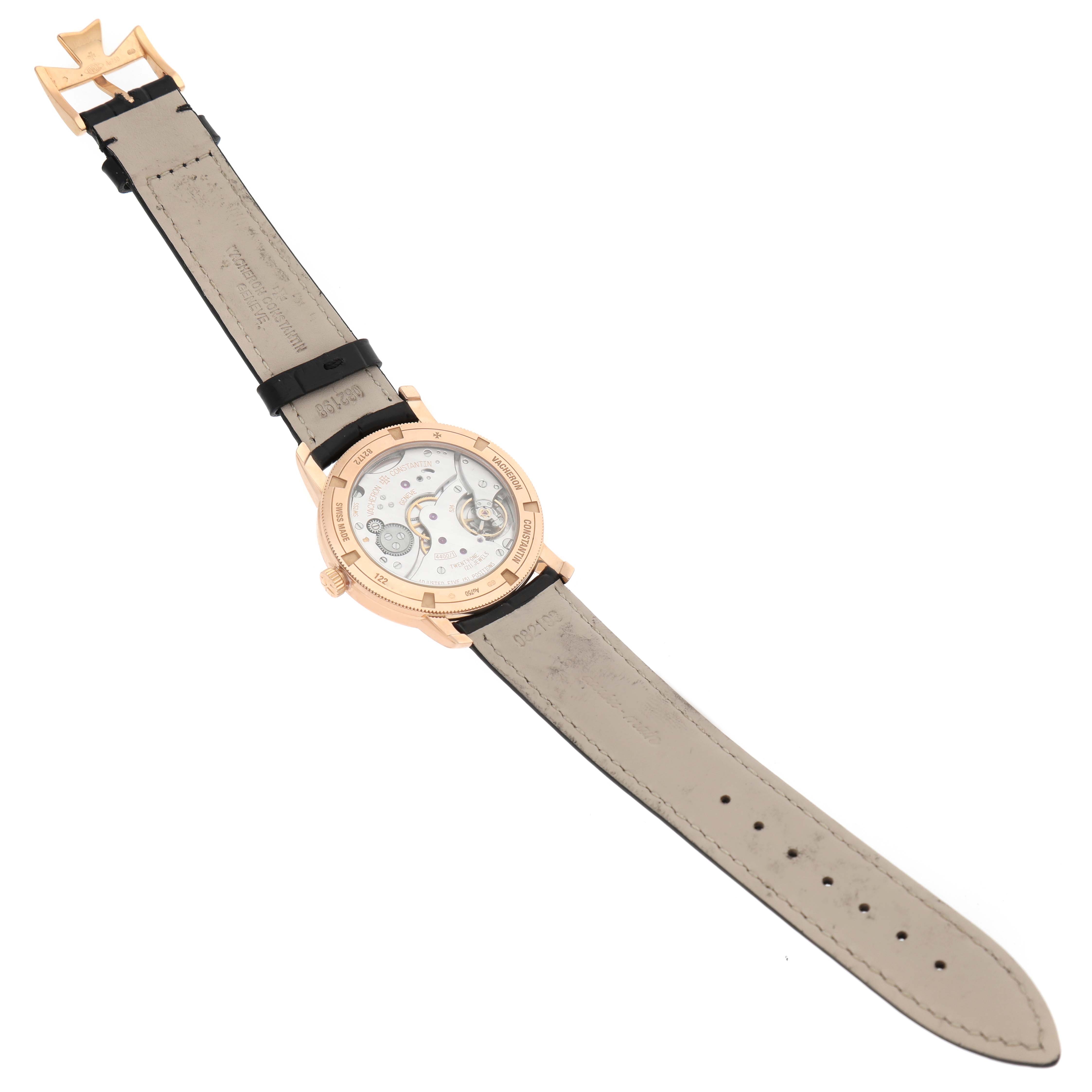 The Traditionnelle model by Vacheron Constantin is shown from the back, displaying its exposed movement and leather strap.
