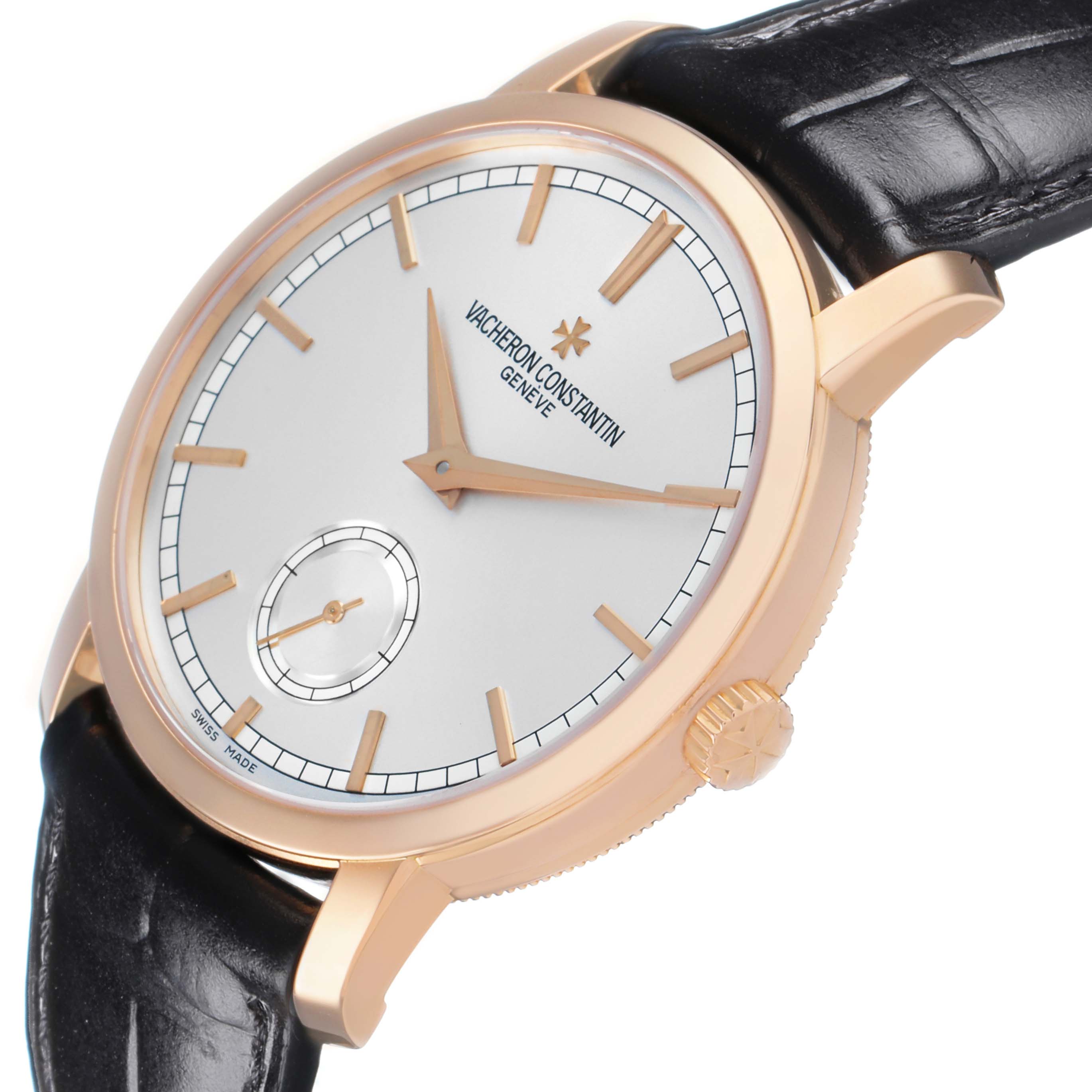 The Vacheron Constantin Traditionnelle 82172 Men's Rose Gold Silver Dial watch is shown from a side angle, displaying the dial, crown, and part of the leather strap.