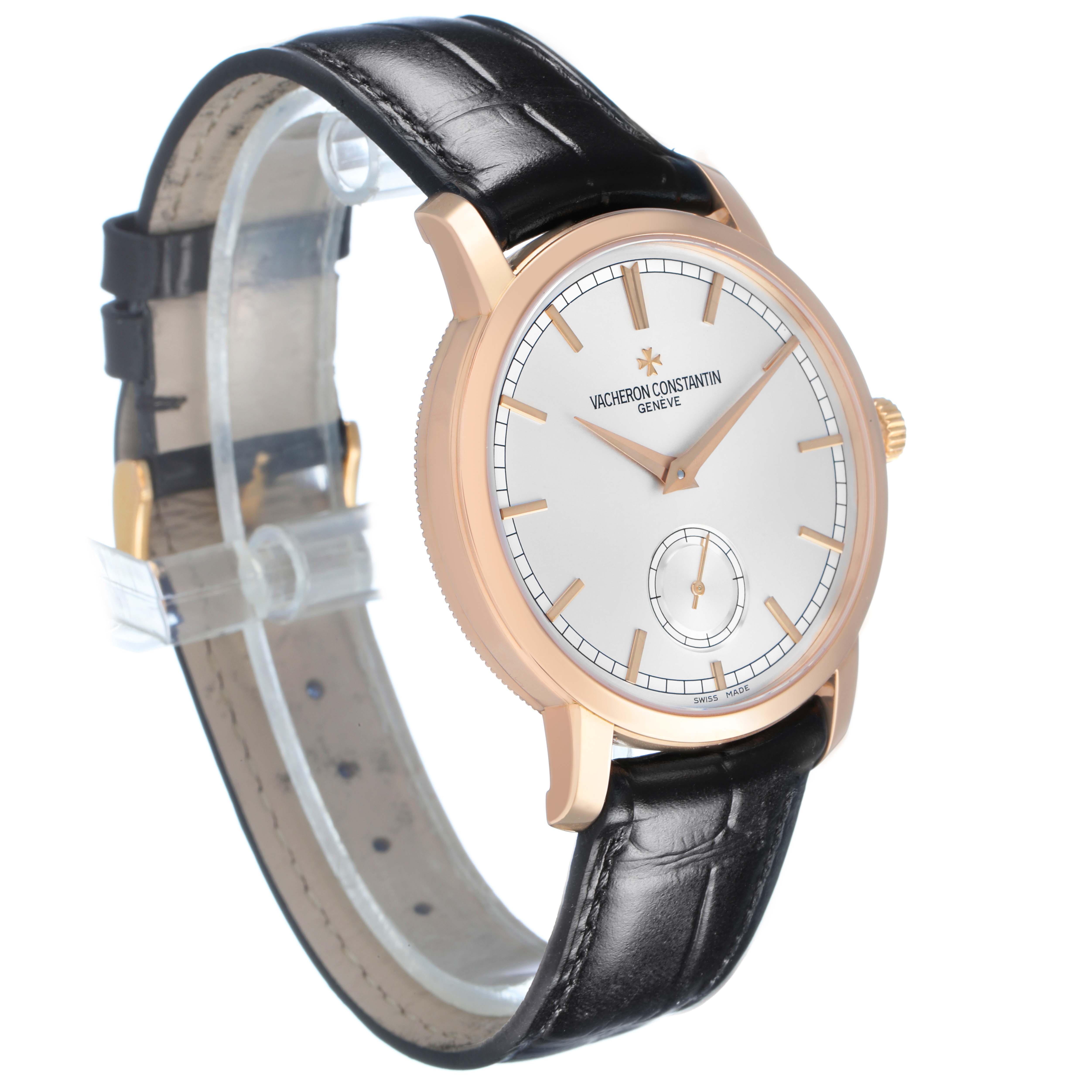 The Vacheron Constantin Traditionnelle 82172 Men's Rose Gold Silver Dial watch is shown at a three-quarter angle, highlighting the face, bezel, and black leather strap.