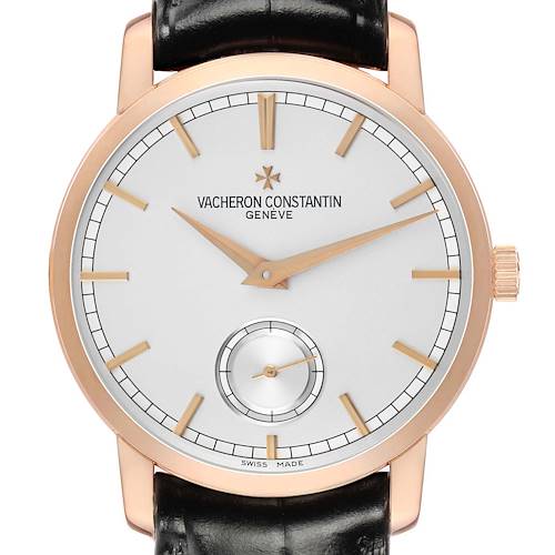 The image shows a Vacheron Constantin Traditionnelle 82172 Men's Rose Gold Silver Dial watch face and crown from a front angle, featuring a rose gold case and a black leather strap.