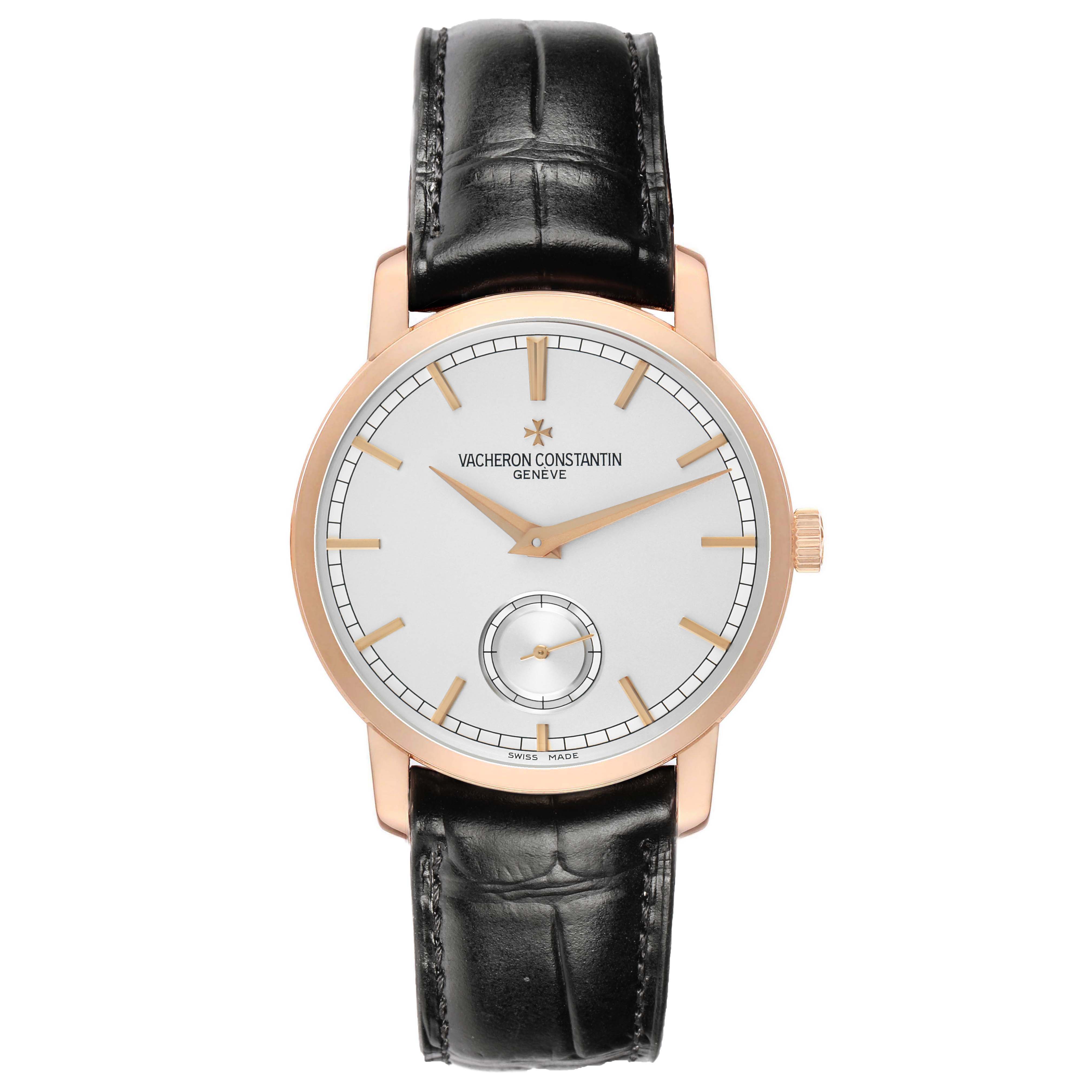 The Vacheron Constantin Traditionnelle 82172 Men's Rose Gold Silver Dial watch is shown from the front, displaying the dial, hands, and strap.