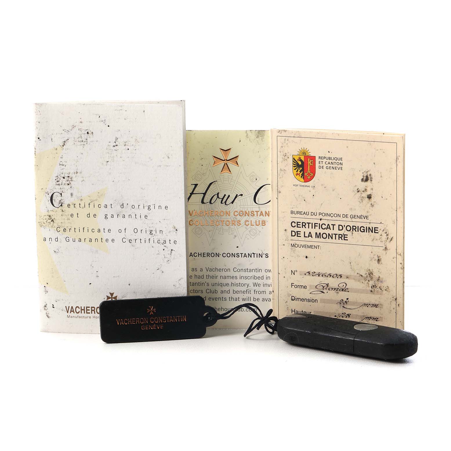 The image shows certification documents and a USB accessory for the Vacheron Constantin Traditionnelle 82172 Men's Rose Gold Silver Dial watch.