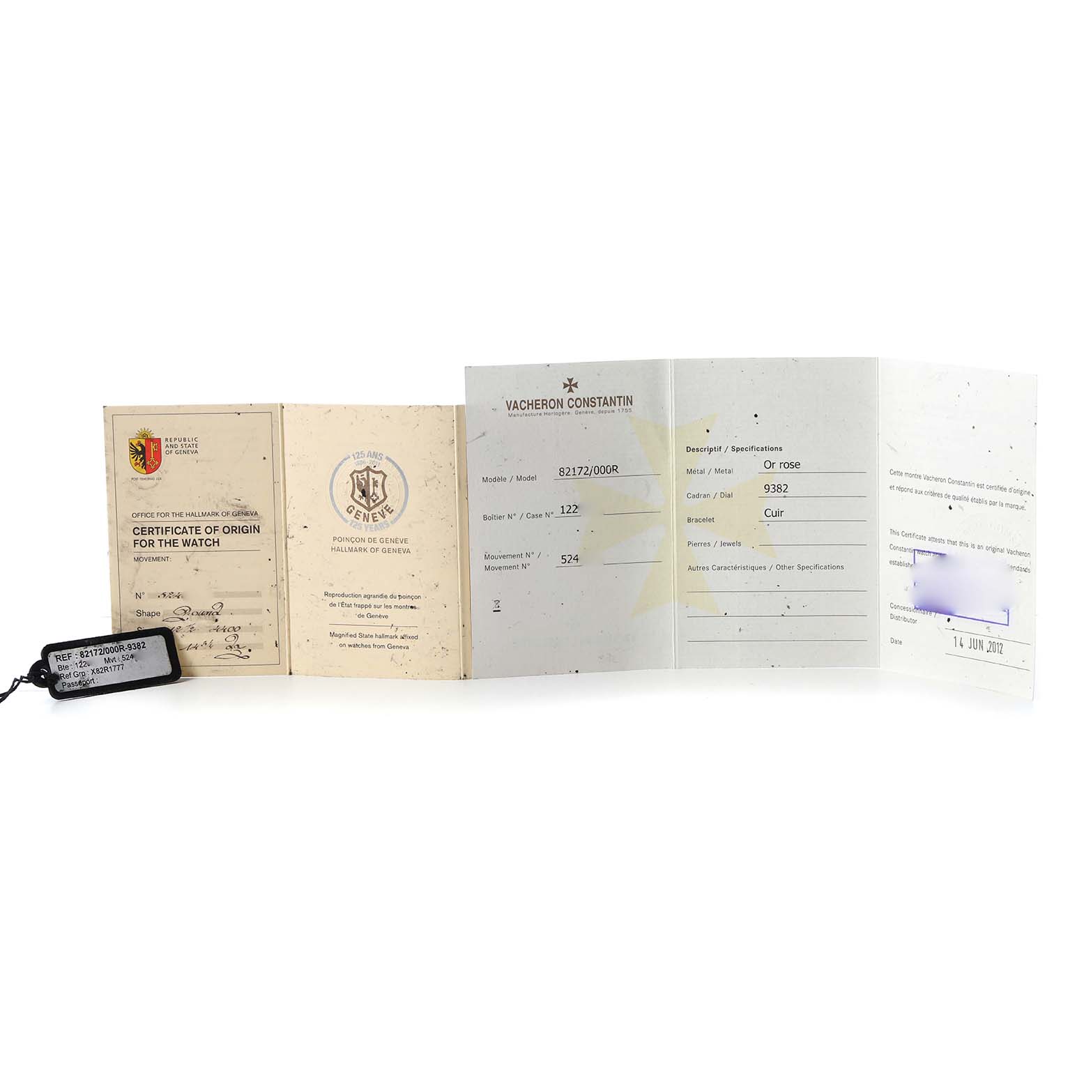 The image shows documentation and a tag for the Vacheron Constantin Traditionnelle 82172 Men's Rose Gold Silver Dial watch, including a certificate of origin.