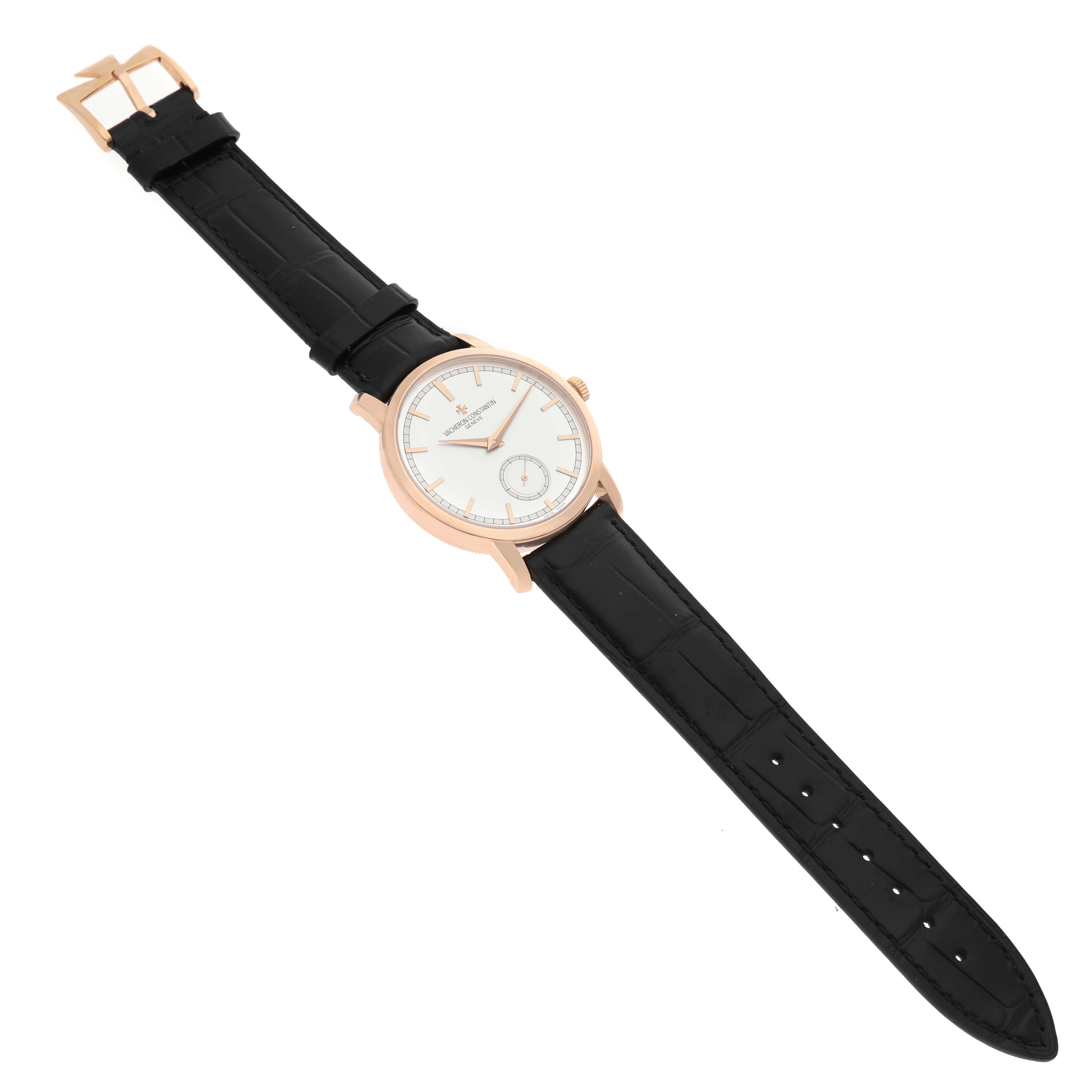 The Vacheron Constantin Traditionnelle 82172 Men's Rose Gold Silver Dial watch is shown at a slight angle, displaying the face, strap, and buckle.