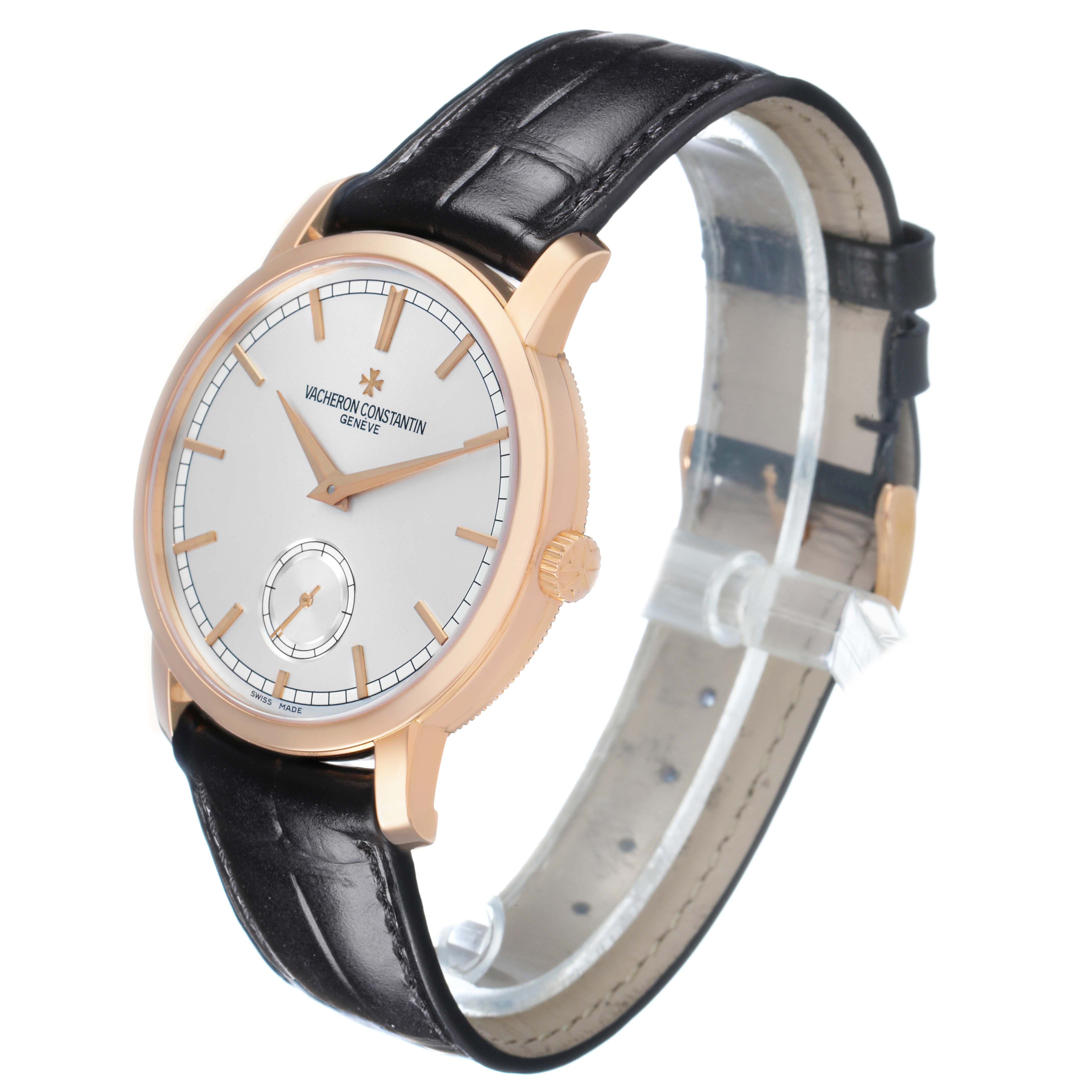 The Vacheron Constantin Traditionnelle 82172 Men's Rose Gold Silver Dial watch is shown at a three-quarter angle, highlighting the dial, crown, and leather strap.