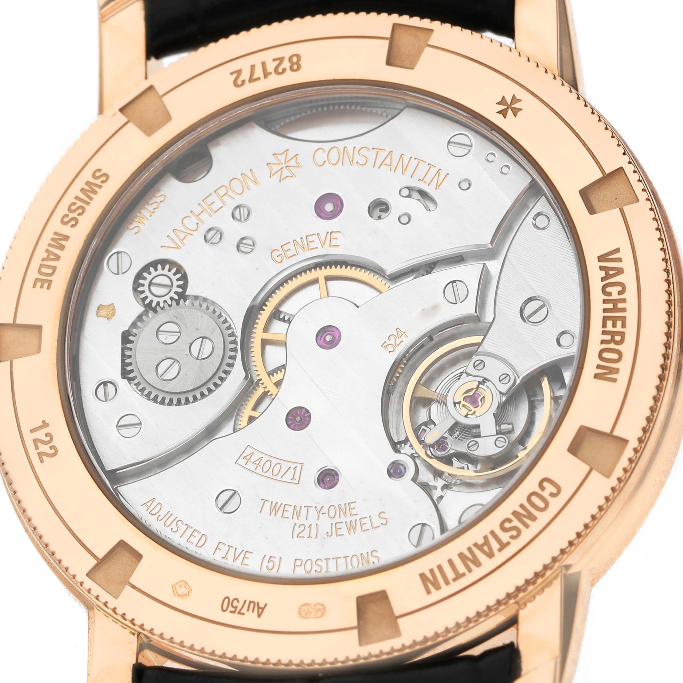 The image shows the back view of the Vacheron Constantin Traditionnelle 82172 Men's Rose Gold Silver Dial watch, highlighting its intricate mechanical movement.