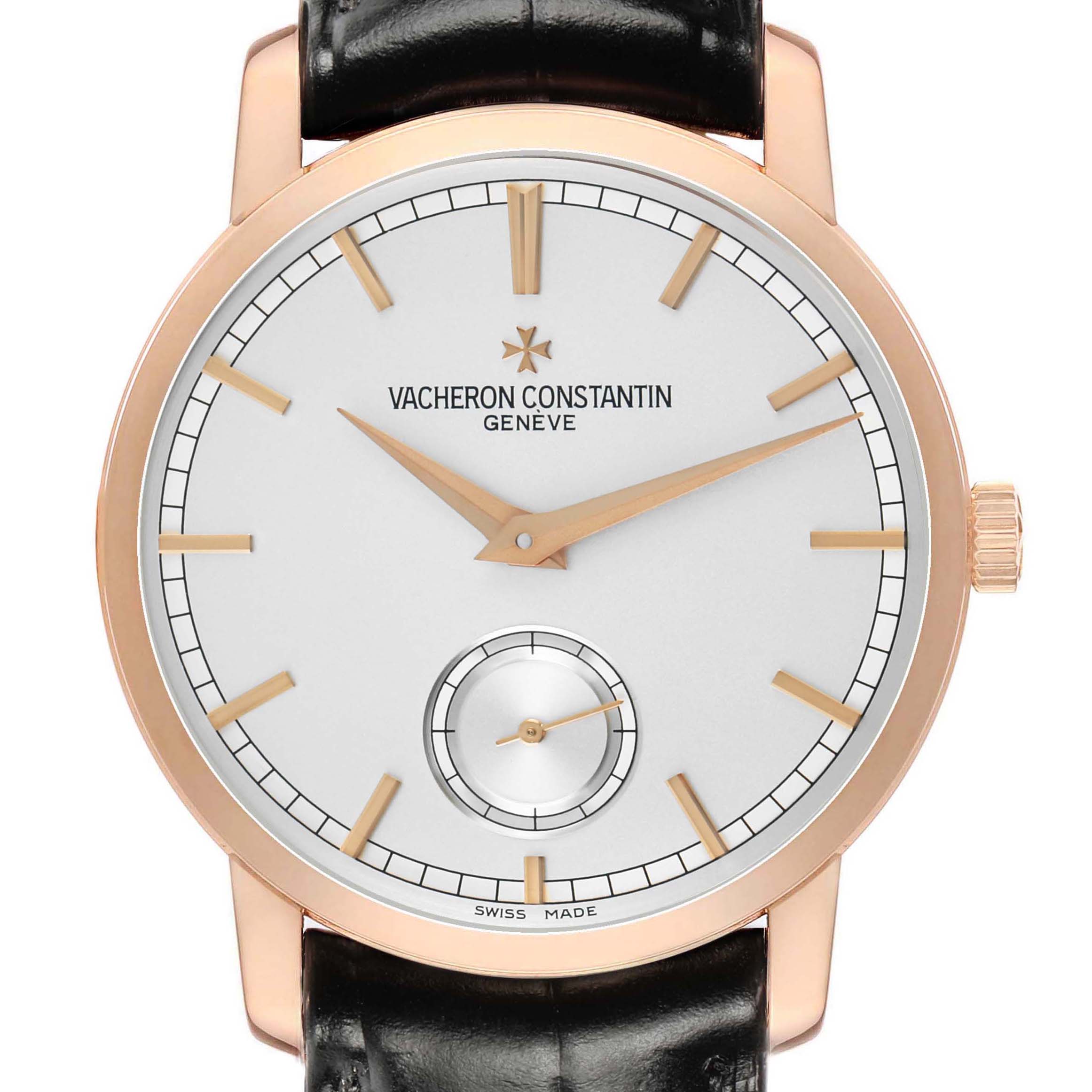 The Vacheron Constantin Traditionnelle 82172 Men's Rose Gold Silver Dial watch is shown from the front, displaying the dial, hands, indices, and crown.