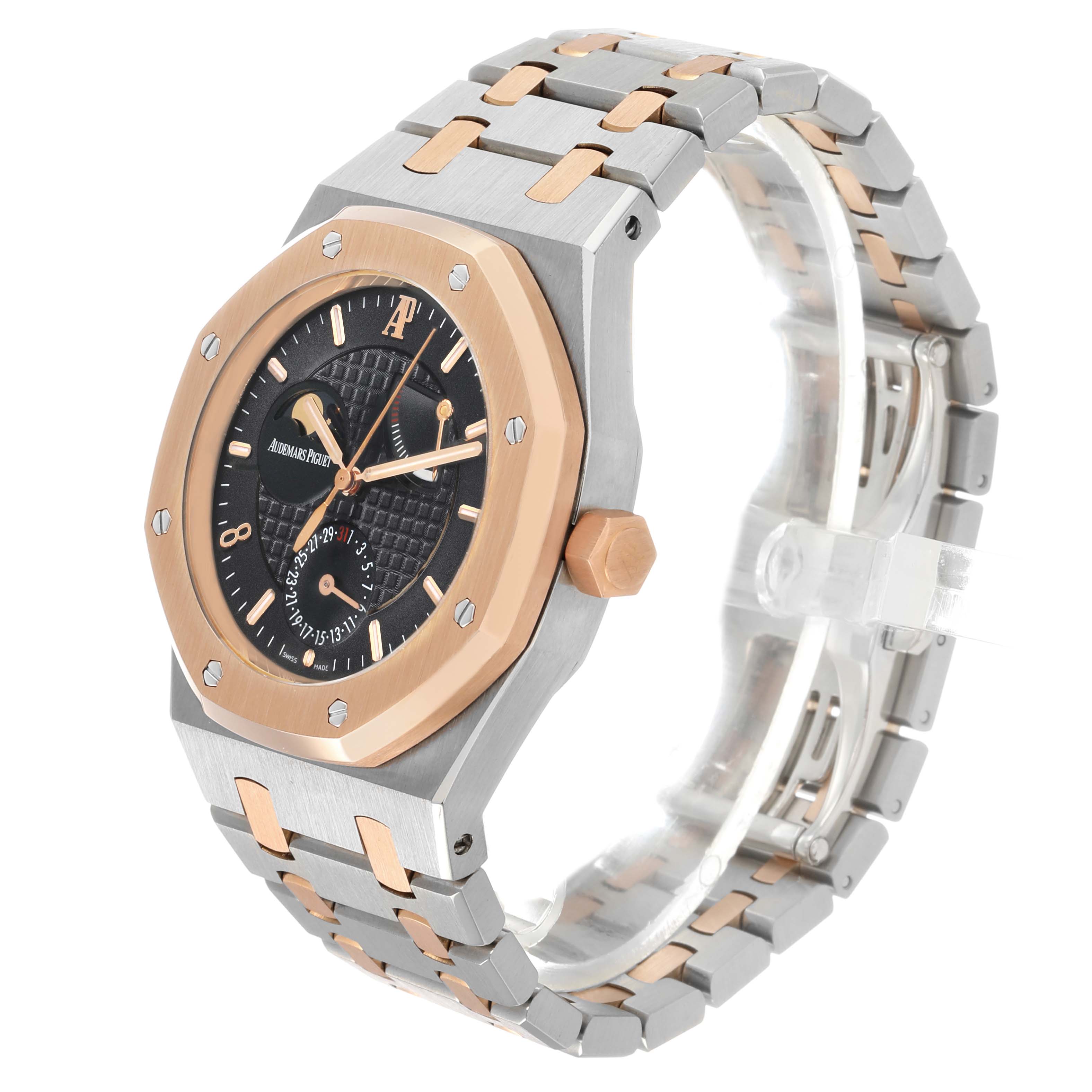 The image shows an angled side view of the Audemars Piguet Royal Oak 26168SR Men's Steel and Gold (two tone) Black Dial, highlighting the bezel, dial, and bracelet.