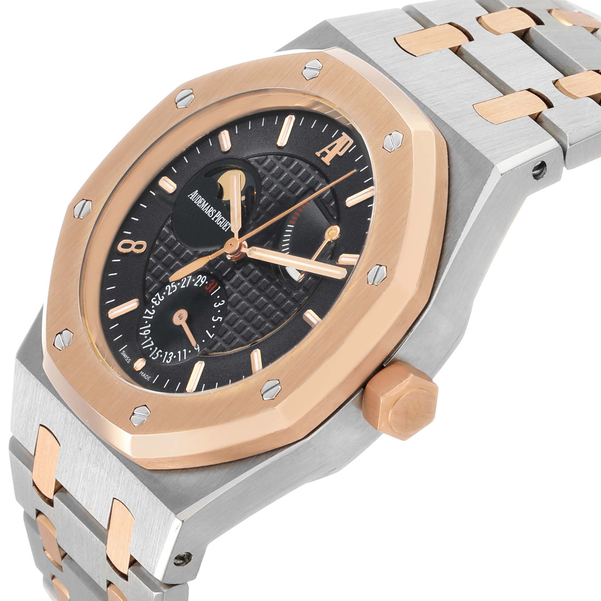 The Audemars Piguet Royal Oak 26168SR Men's Steel and Gold (two tone) Black Dial watch is shown at a slight angle, displaying the bezel, dial, crown, and part of the bracelet.