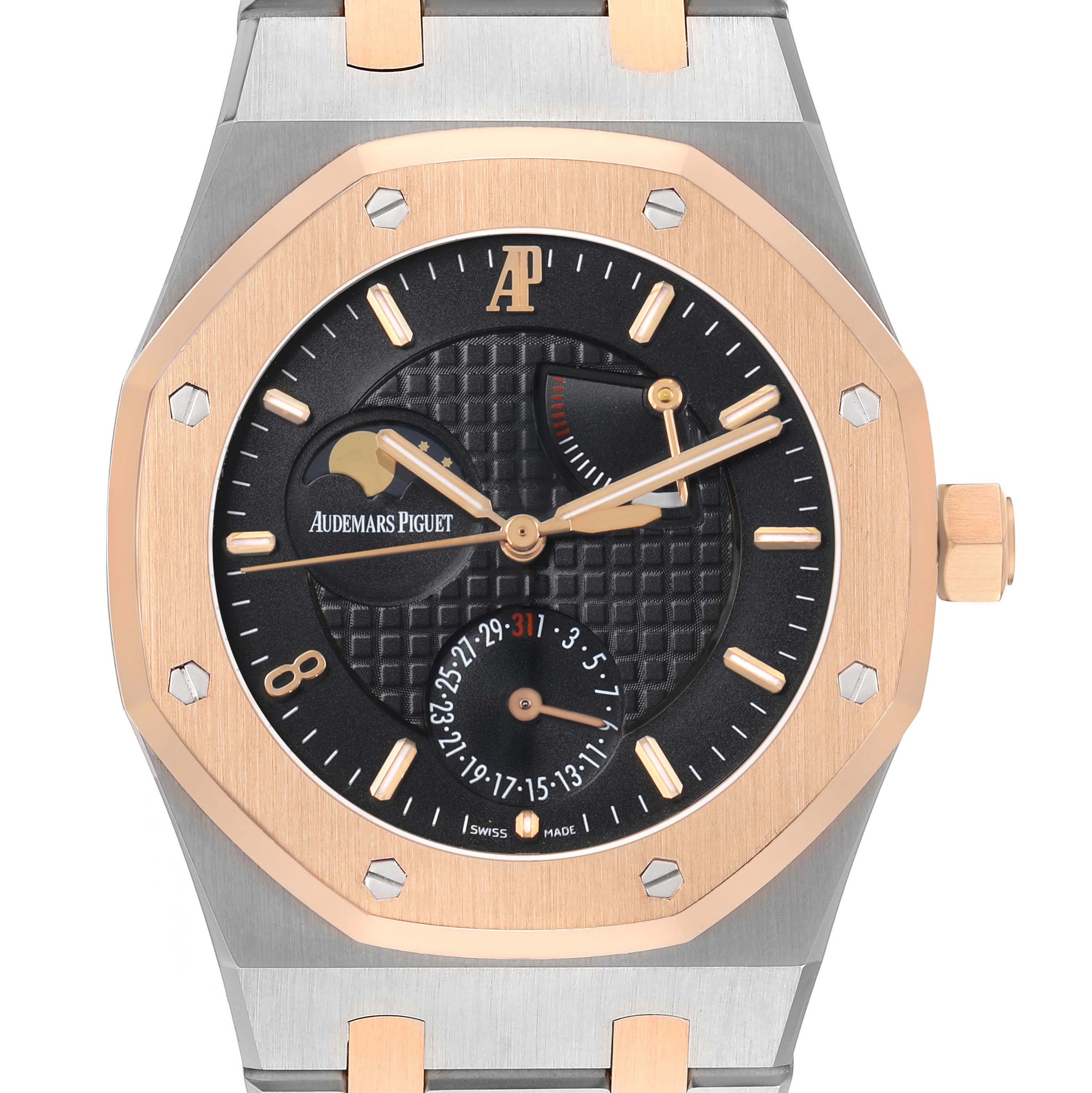 The Audemars Piguet Royal Oak 26168SR Men's Steel and Gold (two tone) Black Dial watch is shown from a front angle, highlighting the dial, bezel, and crown.