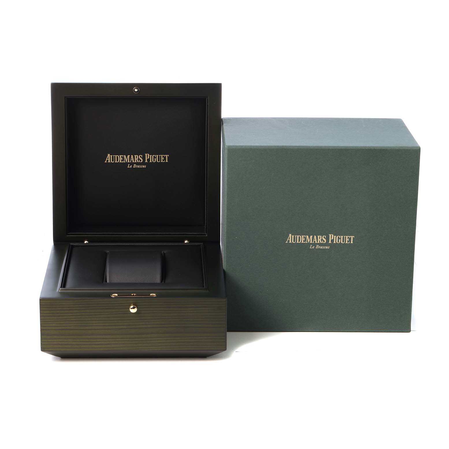 The image shows an open Audemars Piguet Royal Oak 26168SR Men's Steel and Gold (two tone) Black Dial watch box with a closed outer box beside it.