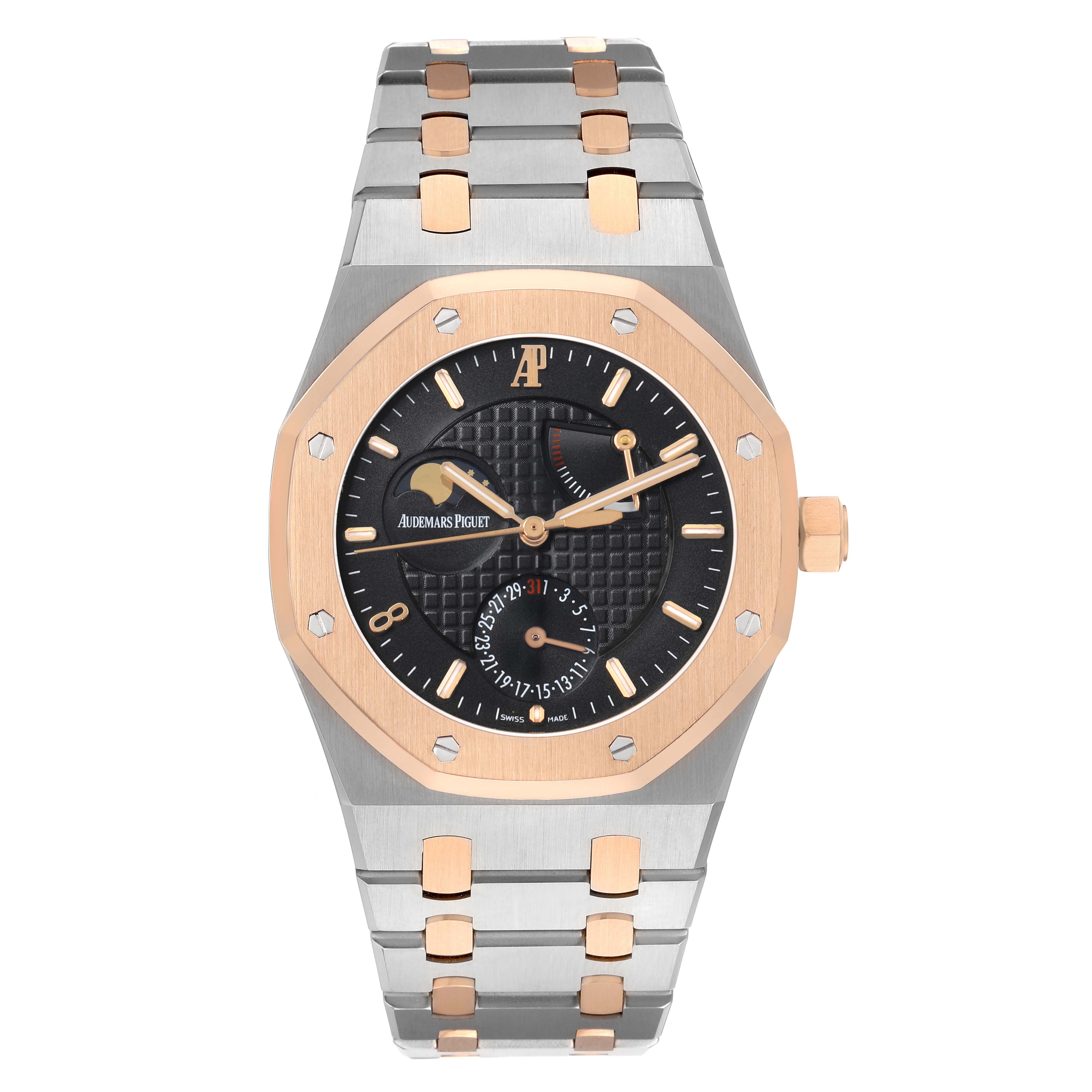 The Audemars Piguet Royal Oak 26168SR Men's Steel and Gold (two tone) Black Dial watch is shown from a front angle, displaying the face, bezel, and bracelet.