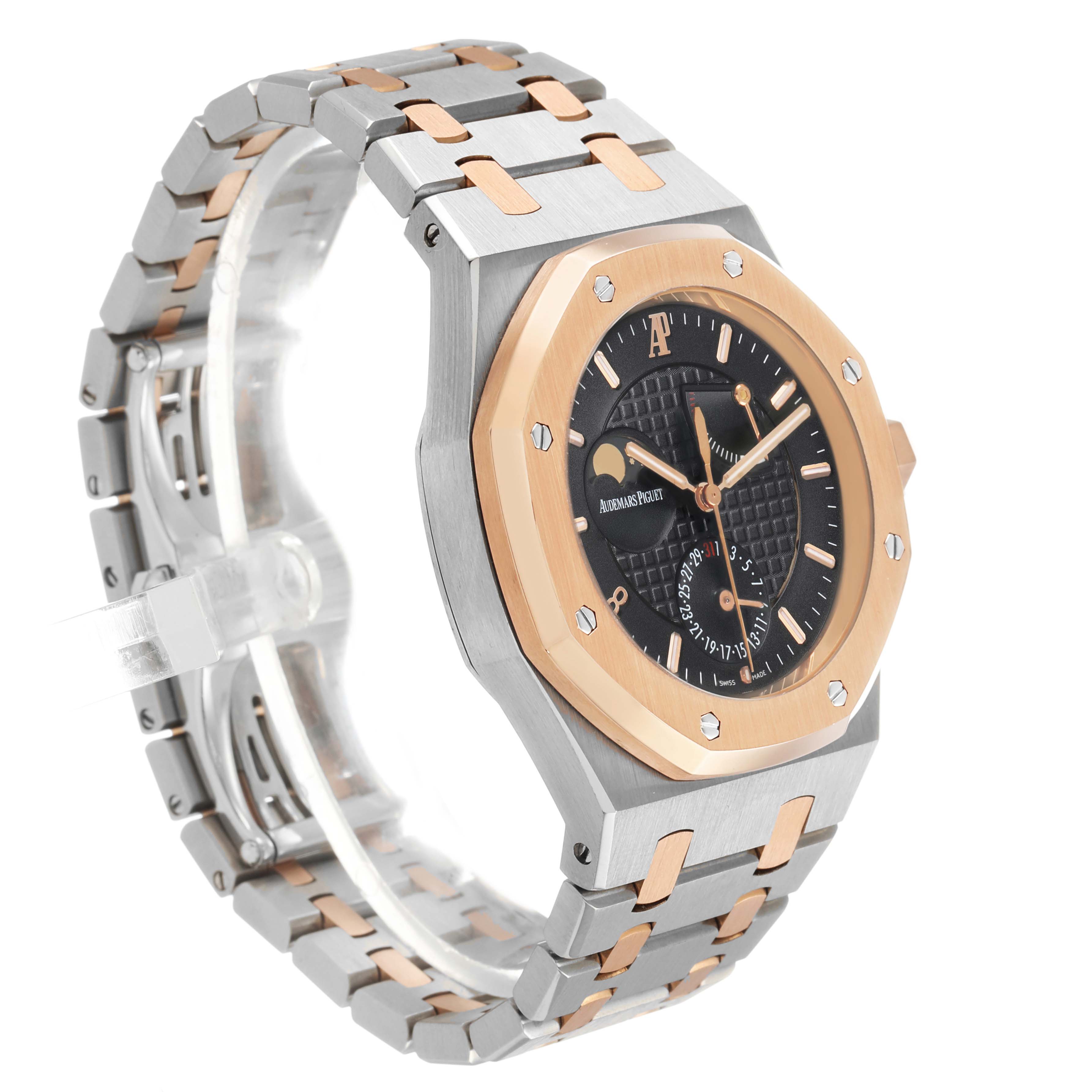 The image shows a side view of the Audemars Piguet Royal Oak 26168SR Men's Steel and Gold (two tone) Black Dial, highlighting its octagonal bezel and bracelet design.