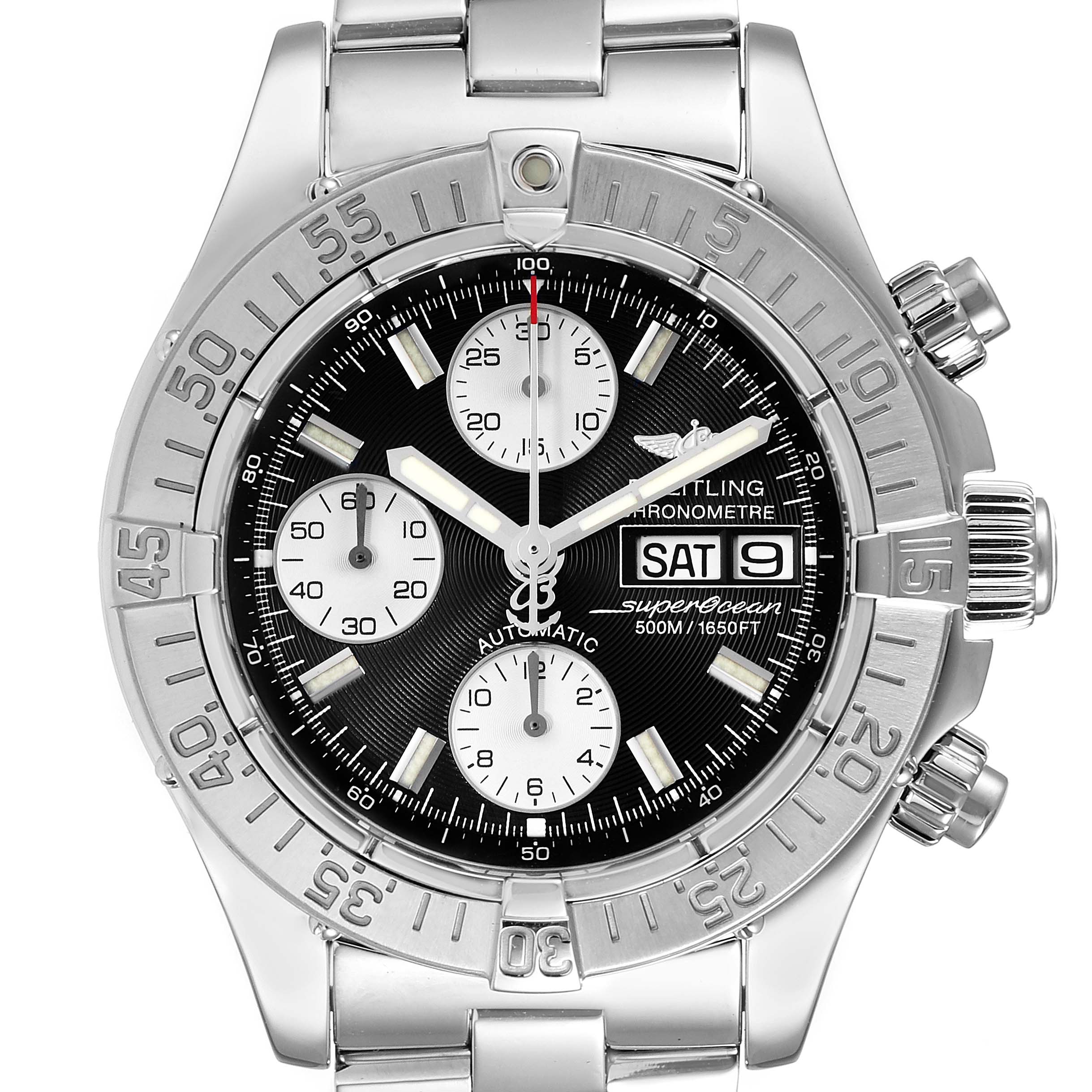 This is a front view of the Breitling Superocean A13340 Men
s Stainless Steel Black Dial A13340 Men
s Stainless Steel Black Dial watch, showing its dial, bezel, subdials, and bracelet.