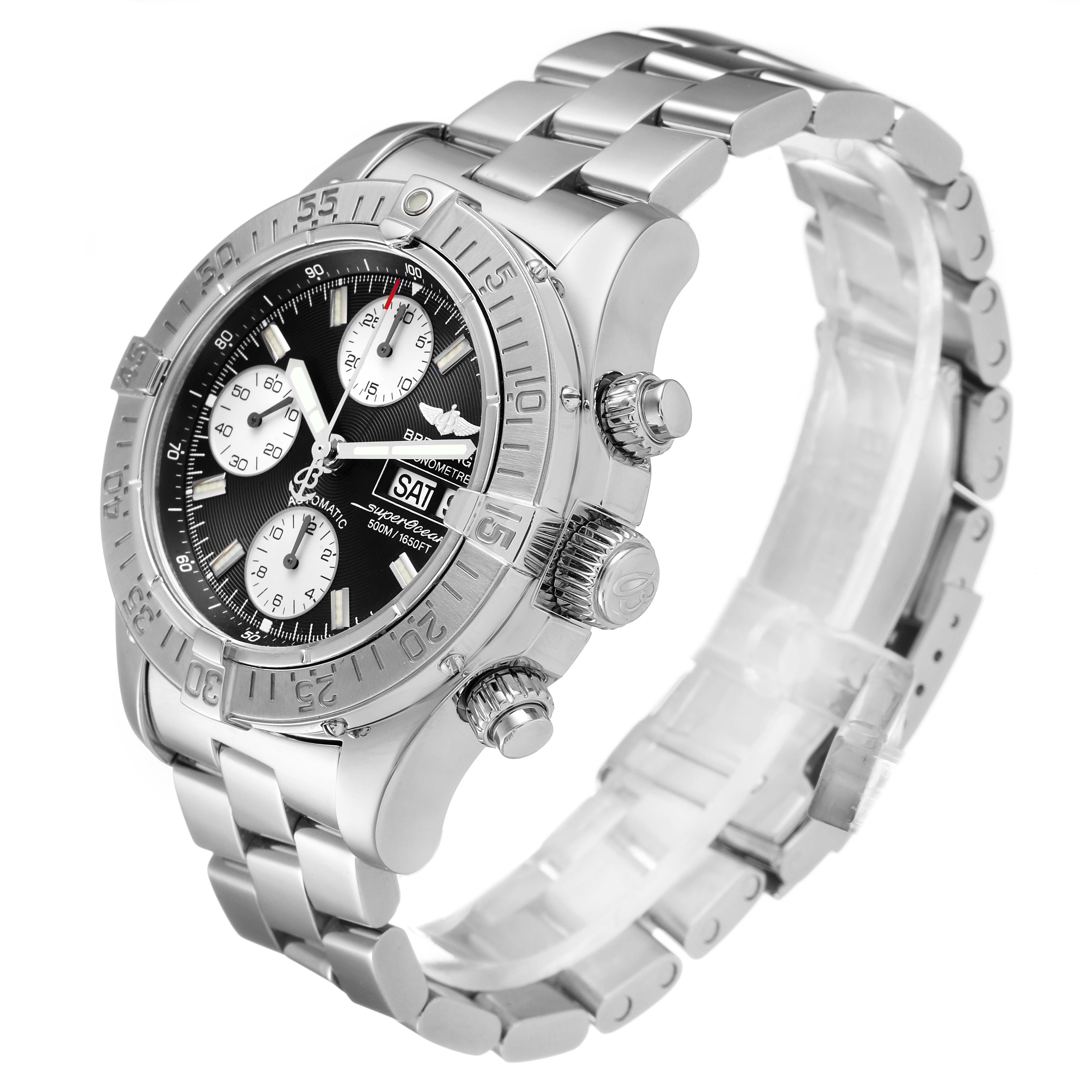 The image displays a side angle view of a Breitling Superocean A13340 Men
s Stainless Steel Black Dial A13340 Men
s Stainless Steel Black Dial watch, showcasing the bezel, dial, crown, and bracelet.
