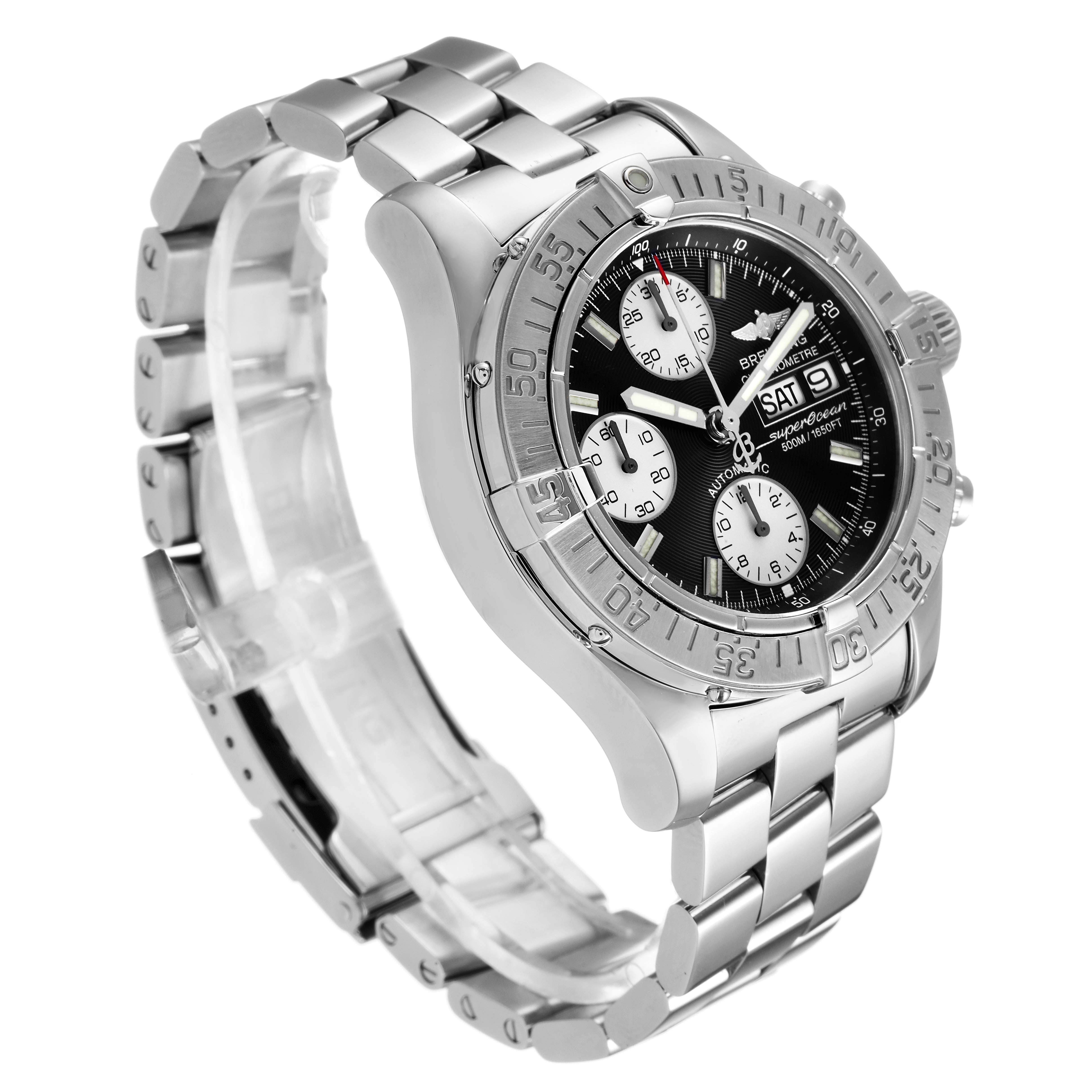 The image shows a Breitling Superocean A13340 Men
s Stainless Steel Black Dial A13340 Men
s Stainless Steel Black Dial watch at a three-quarter angle, highlighting the face, bezel, and stainless steel bracelet.