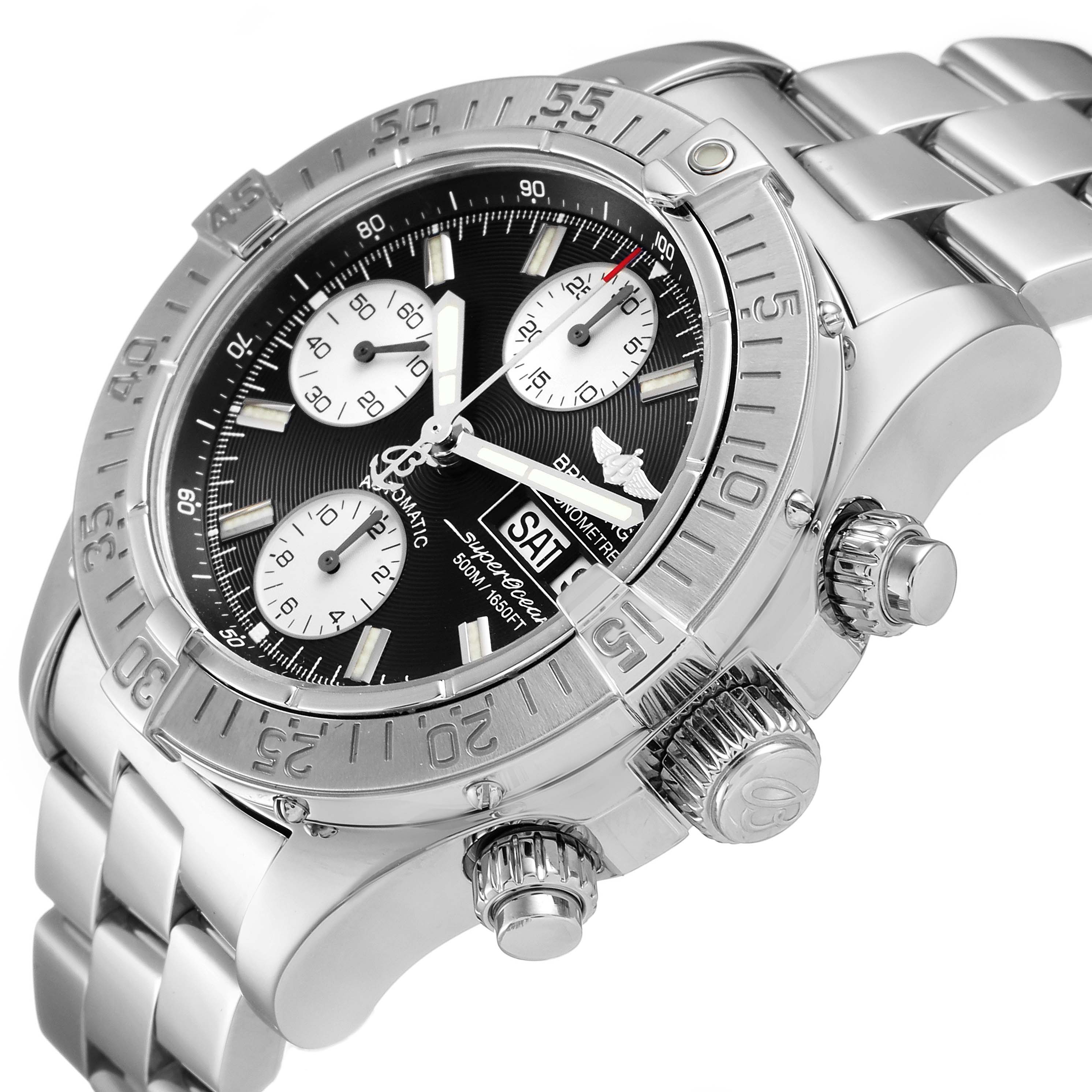 The Breitling Superocean A13340 Men
s Stainless Steel Black Dial A13340 Men
s Stainless Steel Black Dial watch is shown at an angle highlighting its dial, bezel, and metallic band.