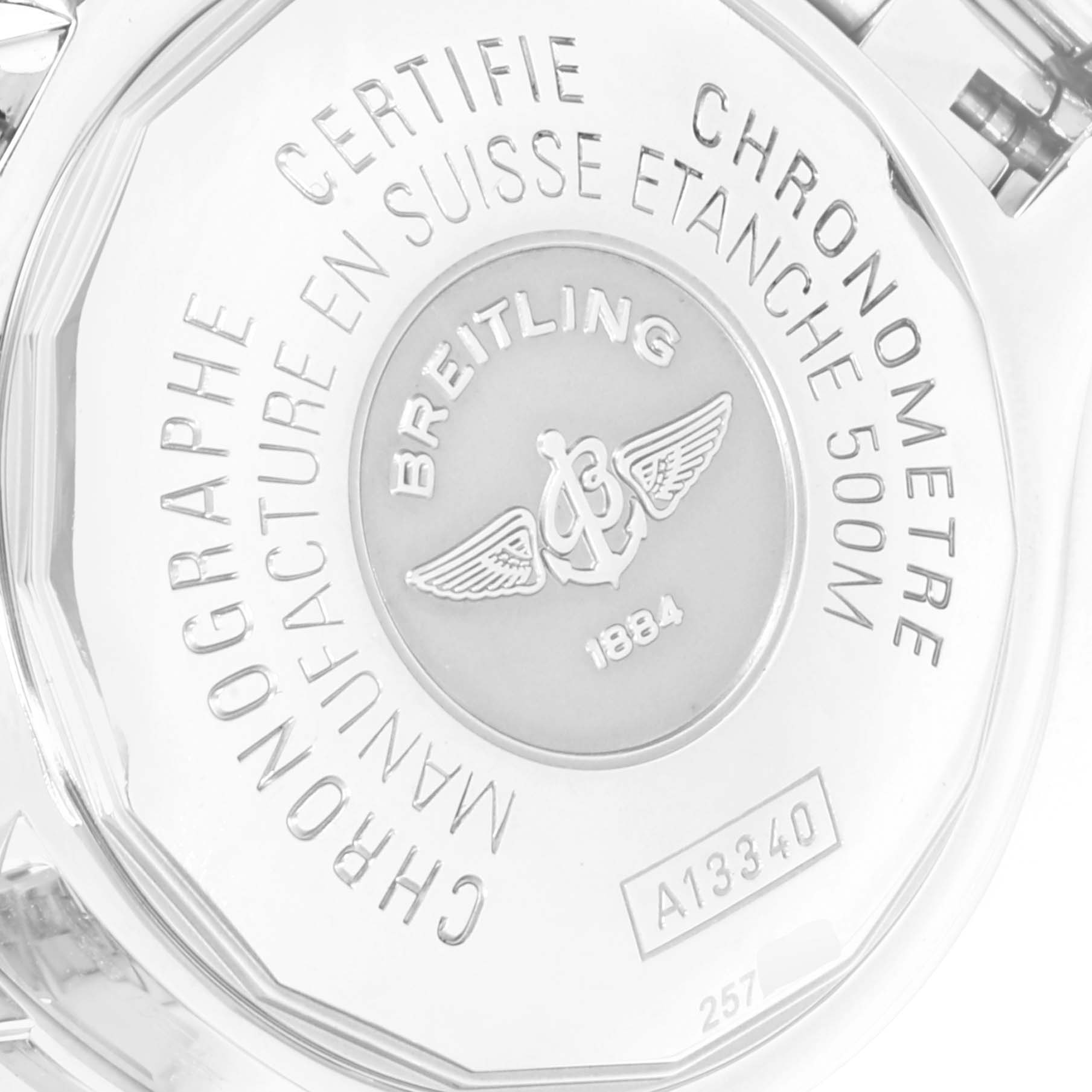 The image shows the case back of a Breitling Superocean A13340 Men
s Stainless Steel Black Dial A13340 Men
s Stainless Steel Black Dial watch with engravings and the brand
s logo.