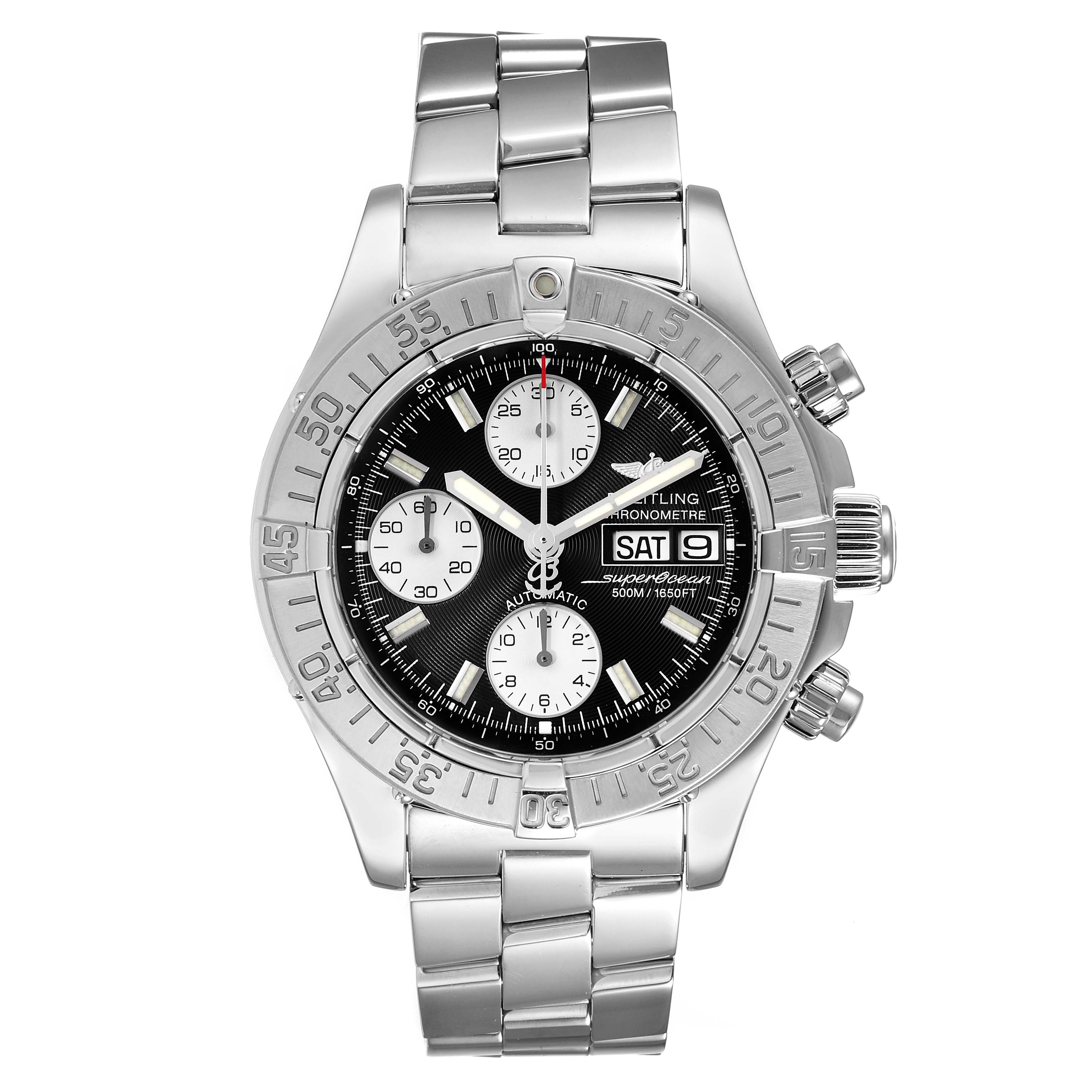 The image shows a front view of the Breitling Superocean A13340 Men
s Stainless Steel Black Dial A13340 Men
s Stainless Steel Black Dial watch, displaying the dial, bezel, and stainless steel bracelet.