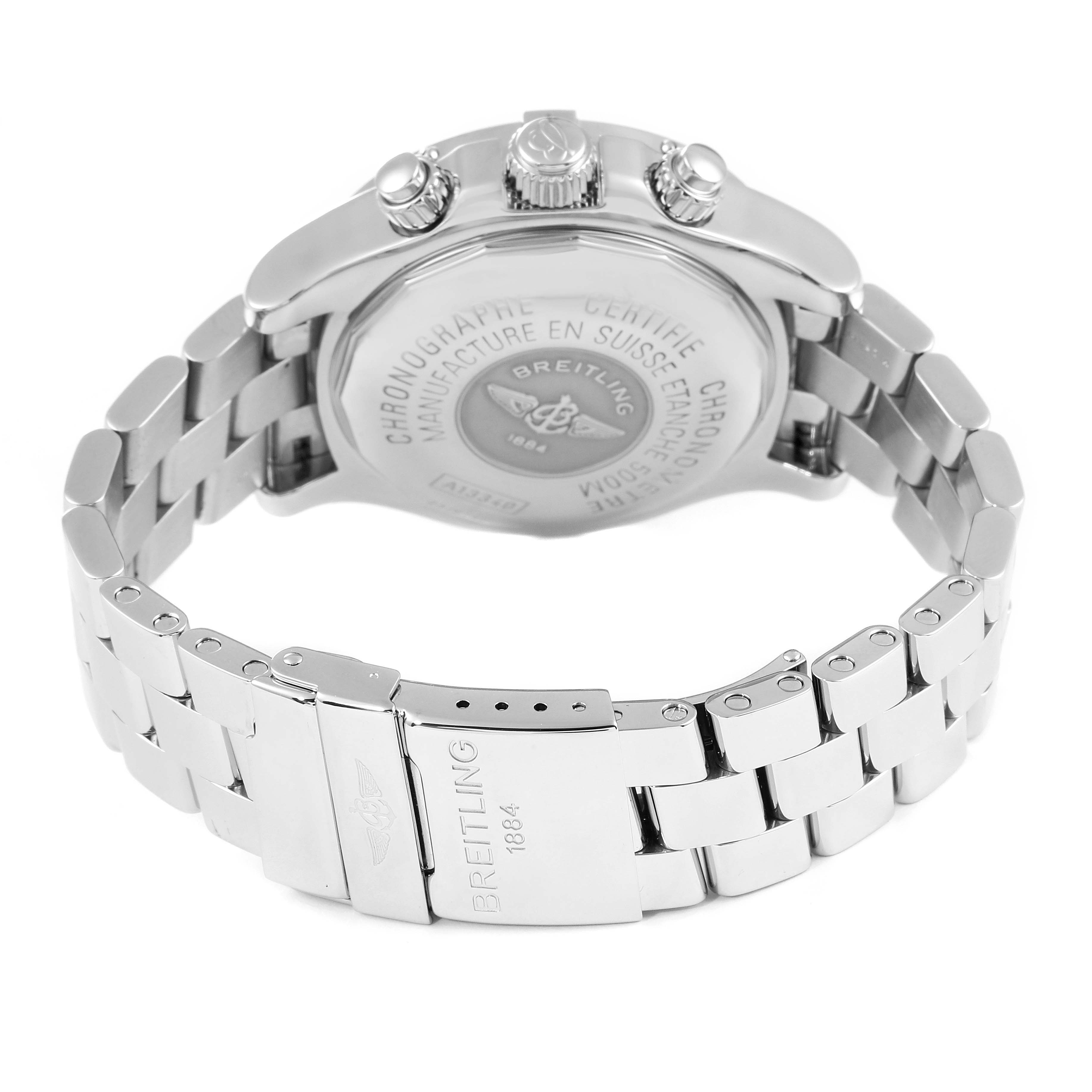 The image shows the back view of the Breitling Superocean A13340 Men
s Stainless Steel Black Dial A13340 Men
s Stainless Steel Black Dial watch, highlighting the case back, bracelet, and clasp.