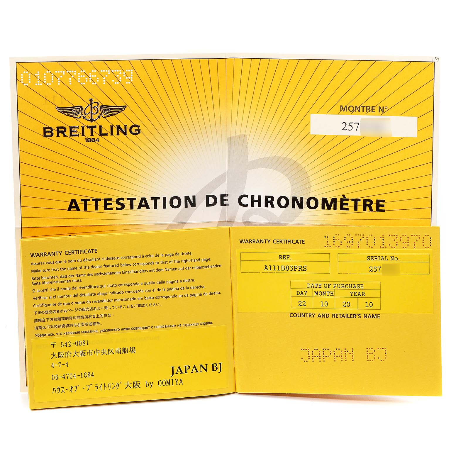 The image shows the warranty certificate and chronometer attestation for a Breitling Superocean A13340 Men
s Stainless Steel Black Dial A13340 Men
s Stainless Steel Black Dial watch.