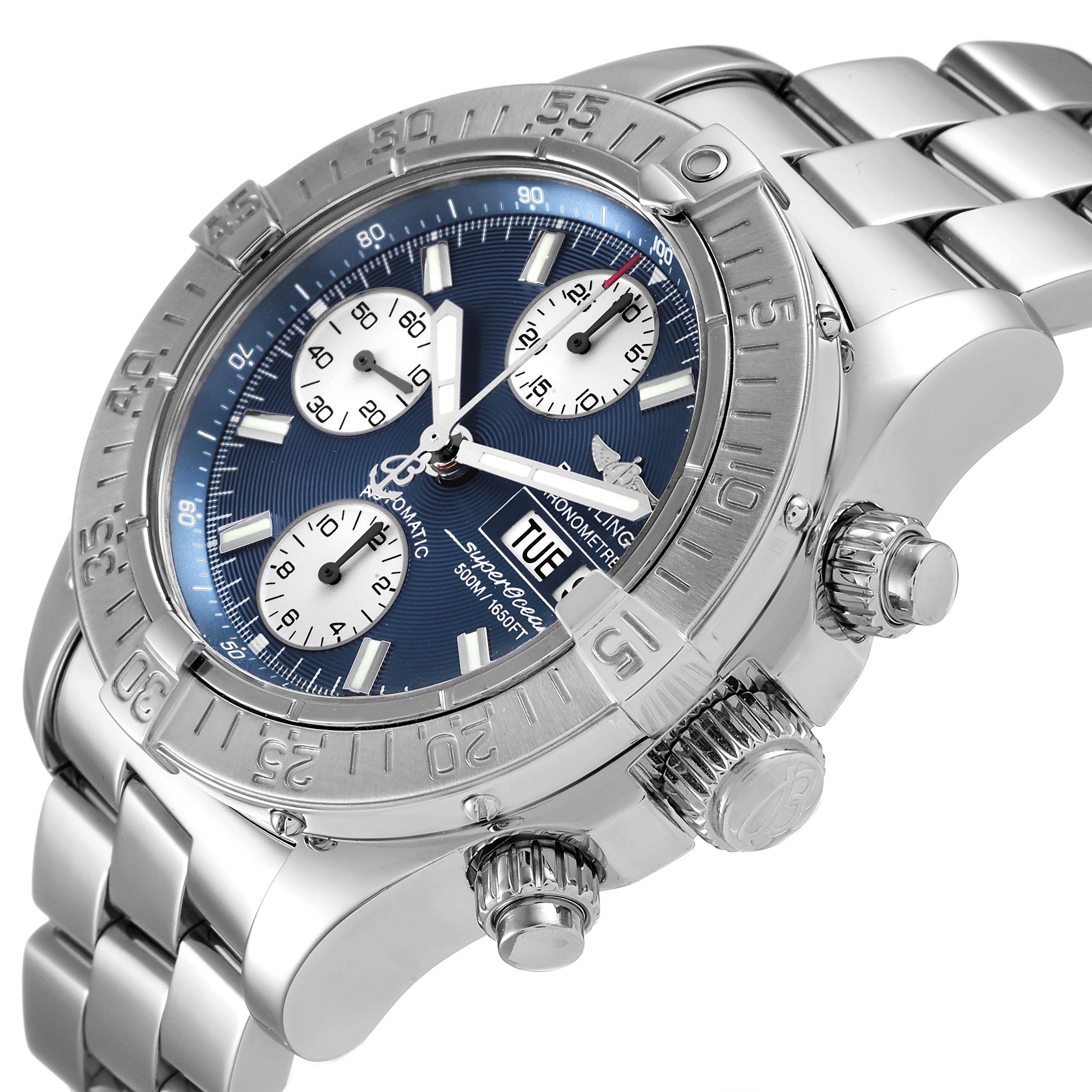 The Breitling Superocean A13340 Men's Stainless Steel Blue Dial A13340 Men's Stainless Steel Blue Dial watch is shown at a three-quarter angle, highlighting the bezel, crown, pushers, and section of the bracelet.