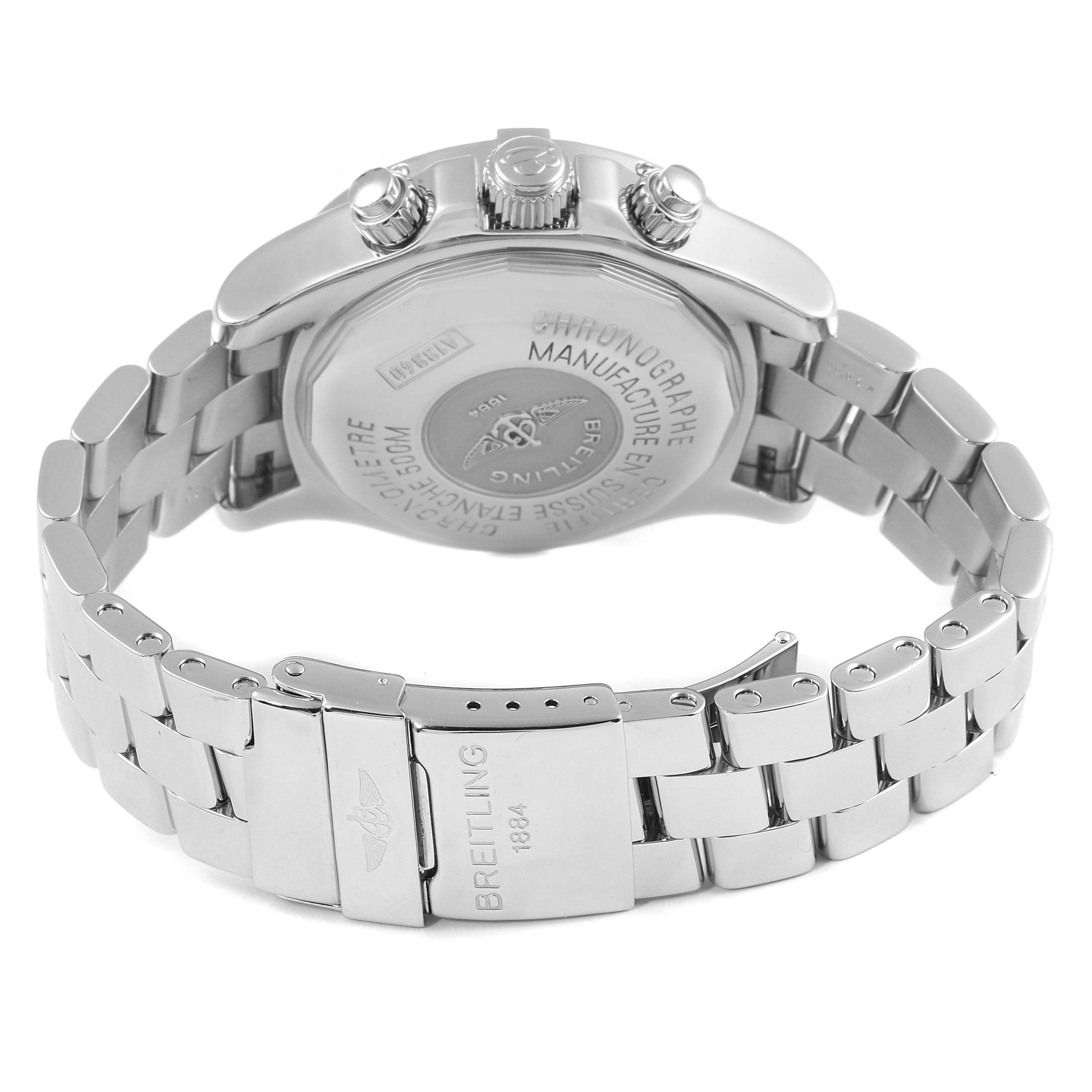 The image shows the back case and metal bracelet of a Breitling Superocean A13340 Men's Stainless Steel Blue Dial A13340 Men's Stainless Steel Blue Dial watch at a slight angle.