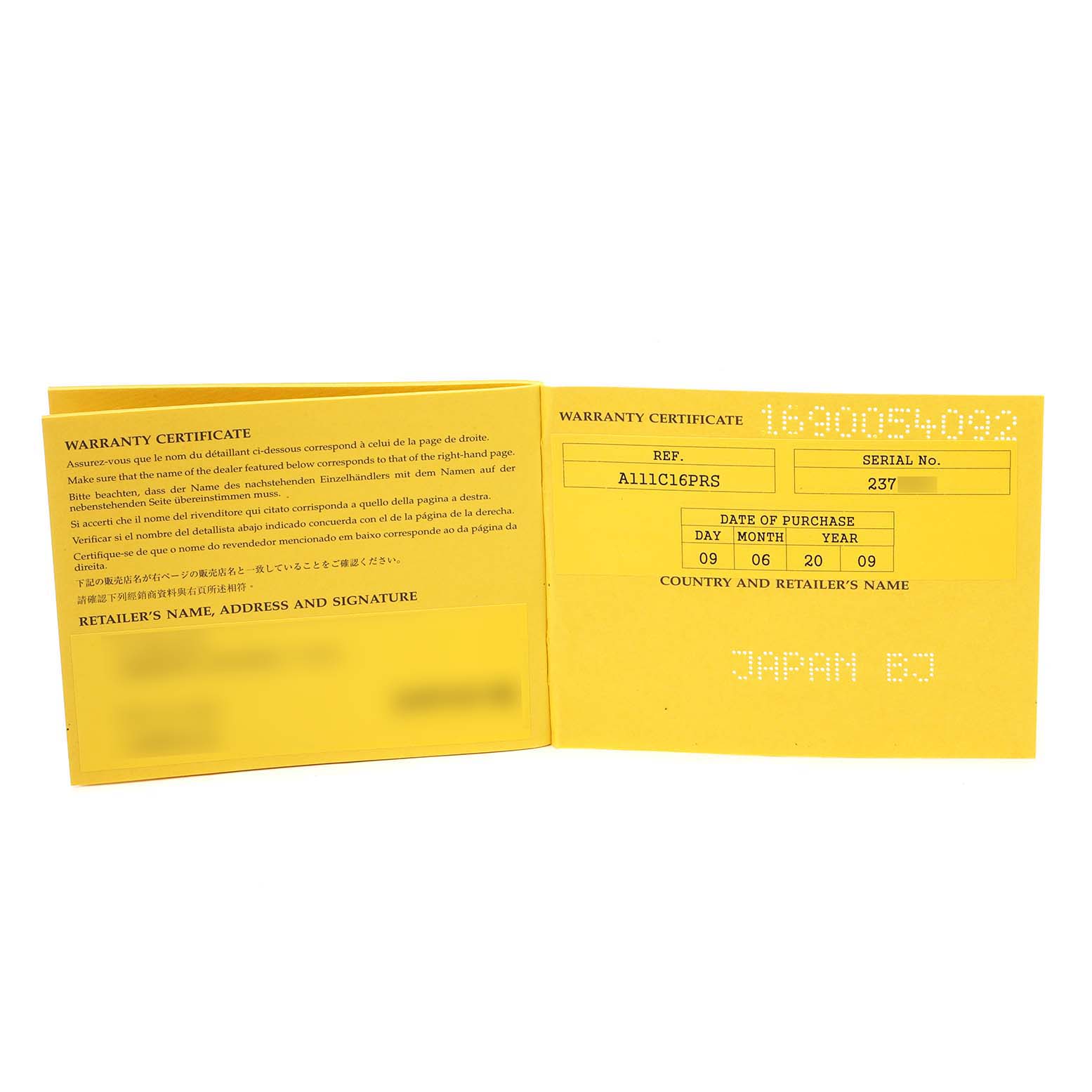 This image shows an open warranty certificate for the Breitling Superocean A13340 Men's Stainless Steel Blue Dial A13340 Men's Stainless Steel Blue Dial model, with details like the reference and serial number.