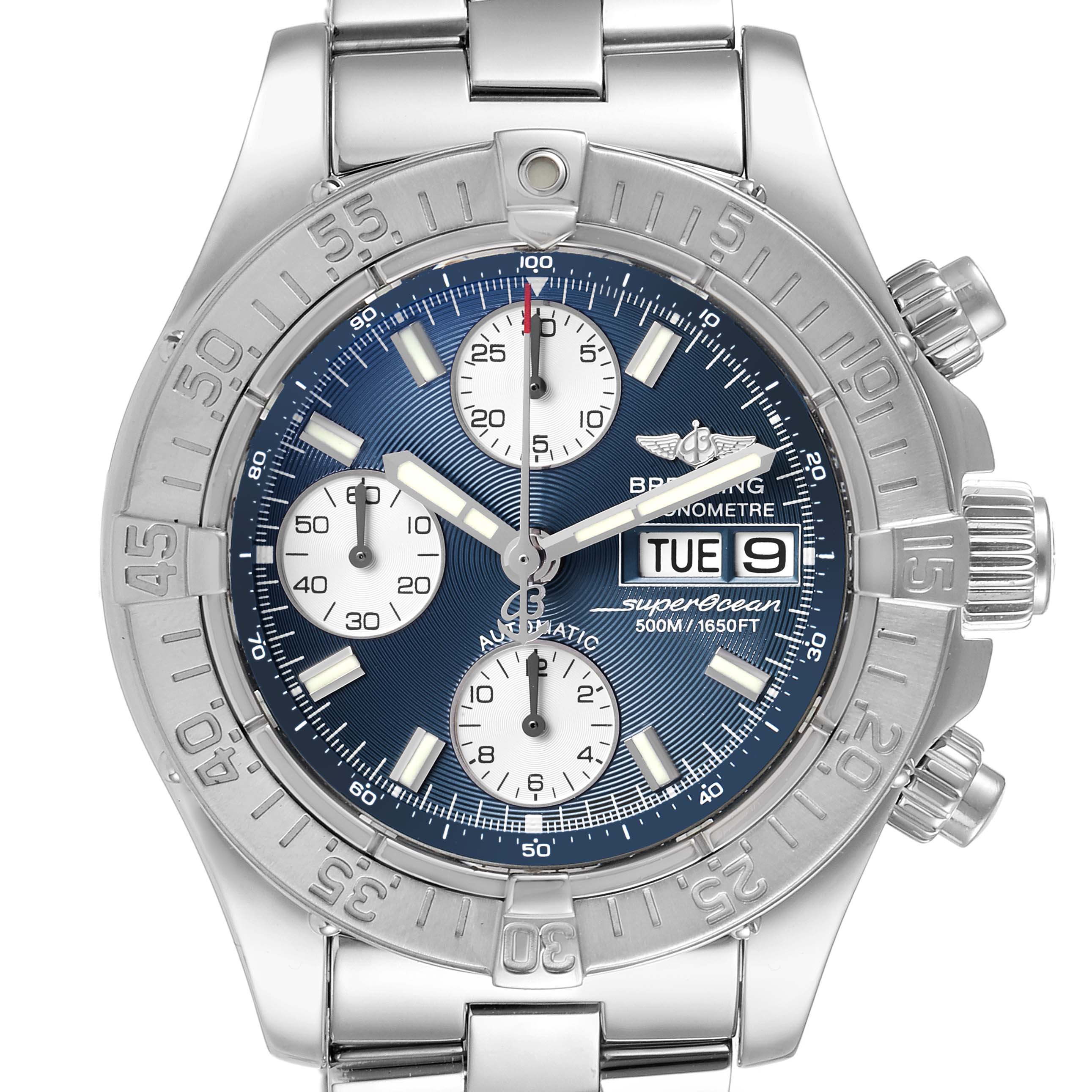 This image shows a frontal view of a Superocean model by Breitling, displaying the dial, bezel, and crown.